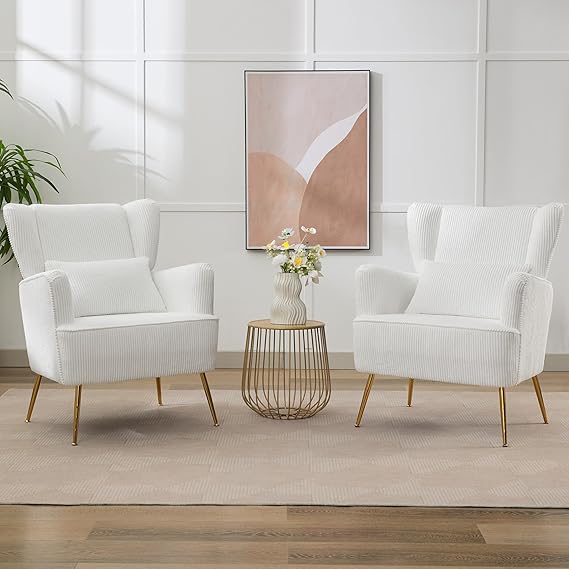 Fabric Accent Arm Chair Set of 2 with Pillow & Golden Legs