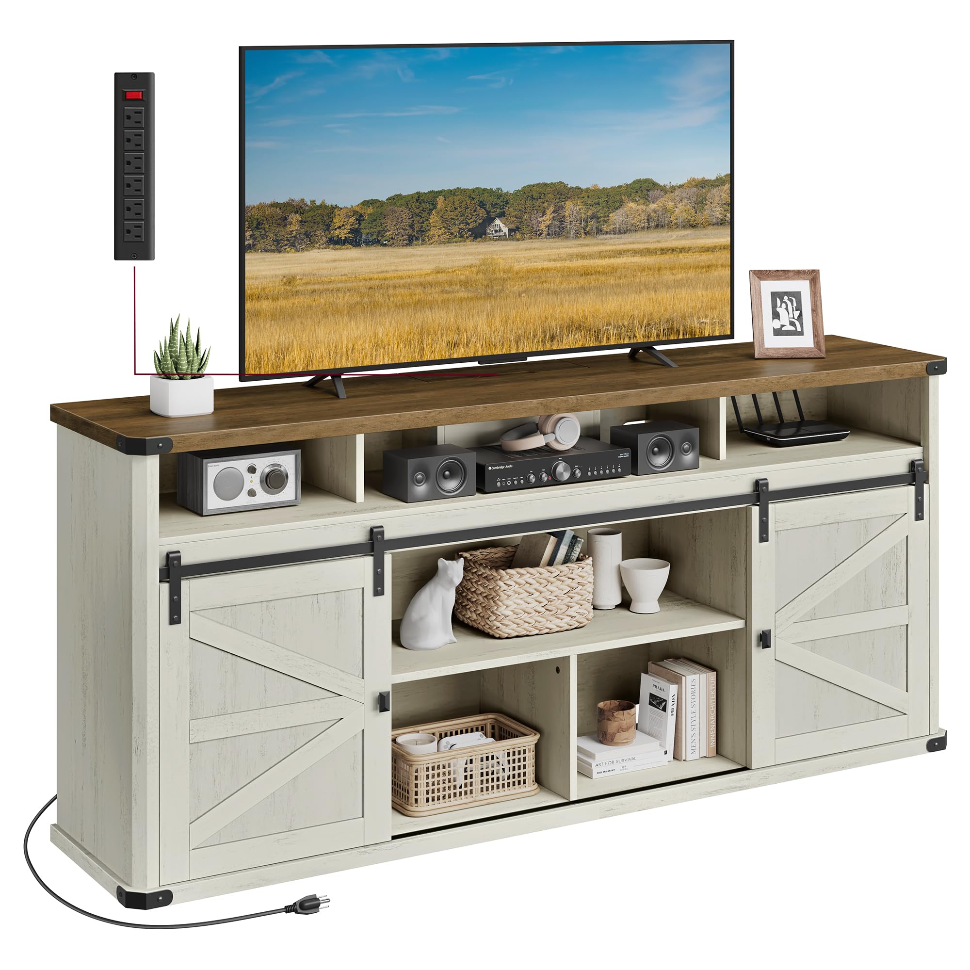 Farmhouse TV Stand with Sliding Barn Doors for 75 Inch TVs