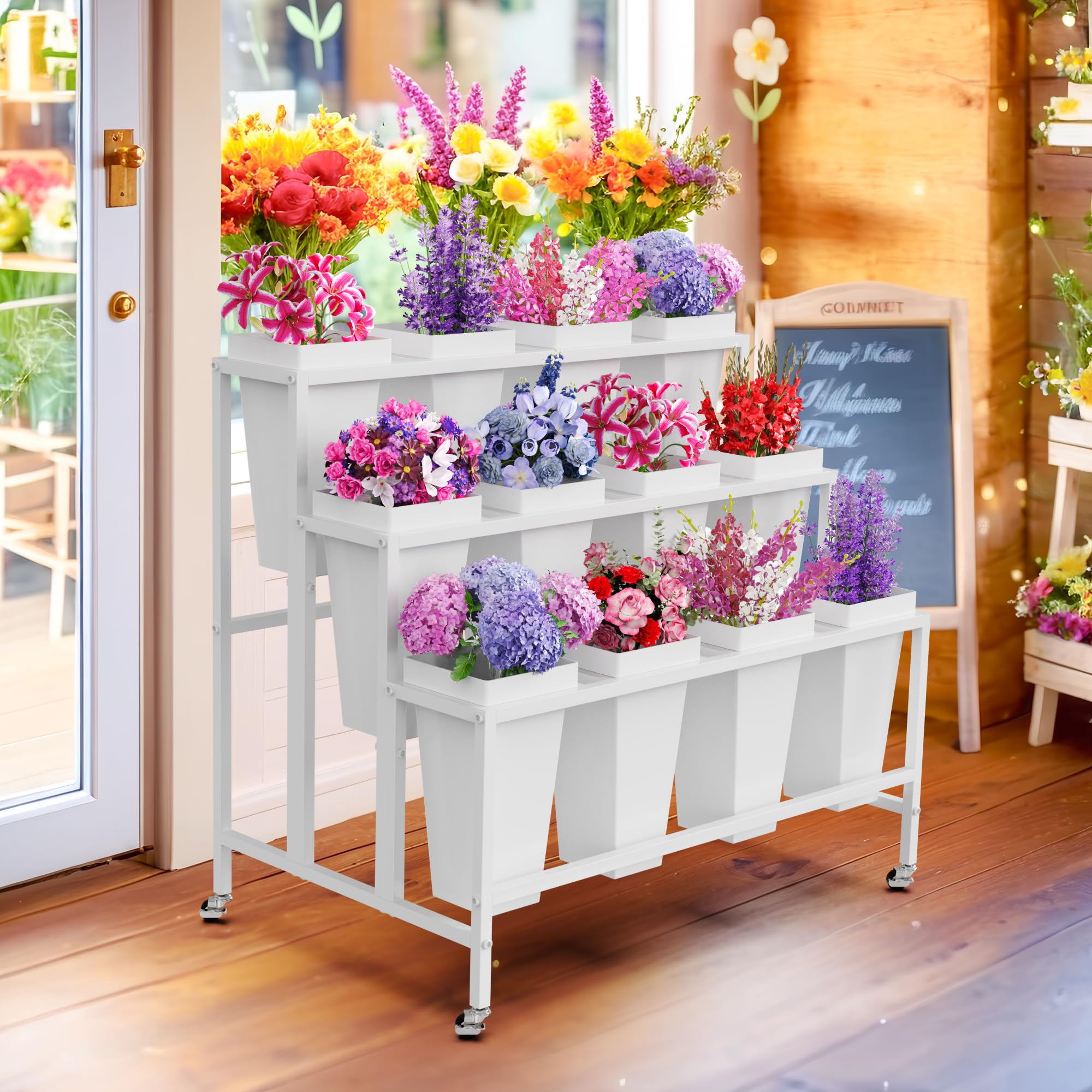 3-Tier Flower Display Stand with 12 Buckets and Wheels