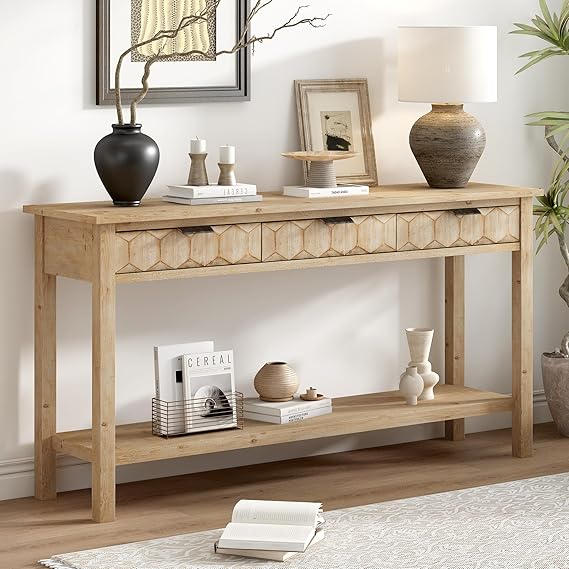 Contemporary Rectangular Console Table with Shelf and Storage Drawers