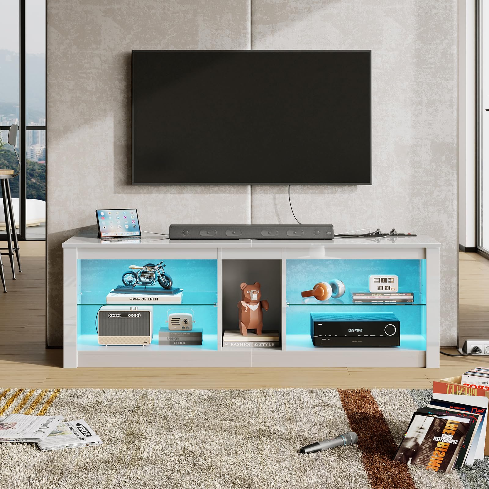LED TV Stand with Power Outlet & Adjustable Shelves