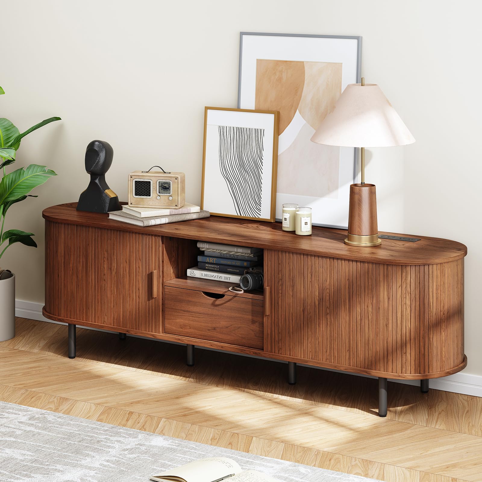 ONBRILL 69" TV Stand with Power Outlet for TVs up to 80", Entertainment Center with Storage and Drawer, TV Console with Adjustable Shelves and Sliding Door, TV Stand for Living Room, Bedroom, Walnut