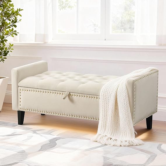 Velvet Storage Ottoman Bench with Arms