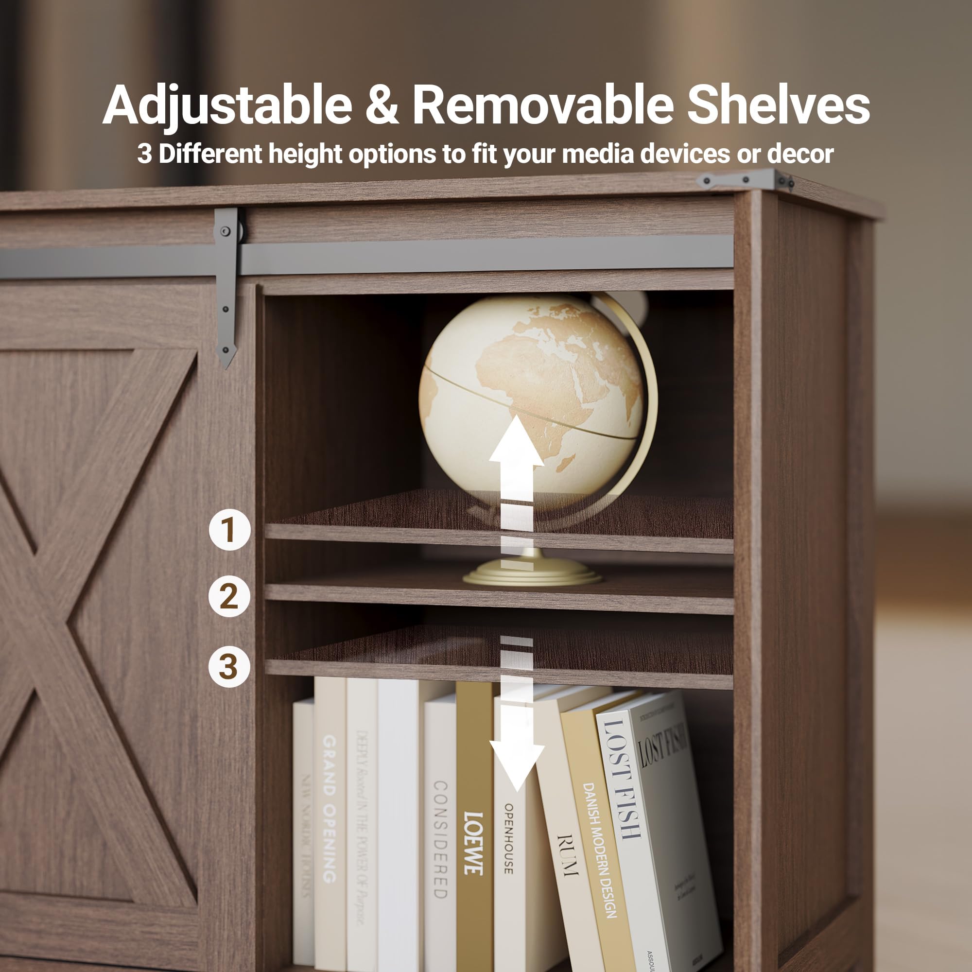 Farmhouse TV Stand with Power Outlet and Sliding Barn Doors