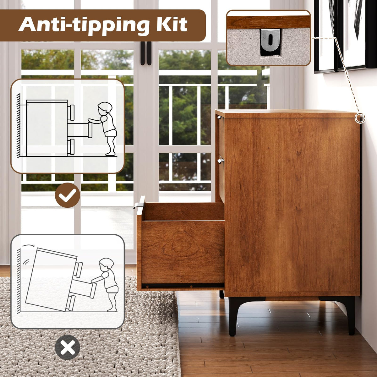 3-Drawer Mid-Century Modern Dresser with Anti-Tip Kit