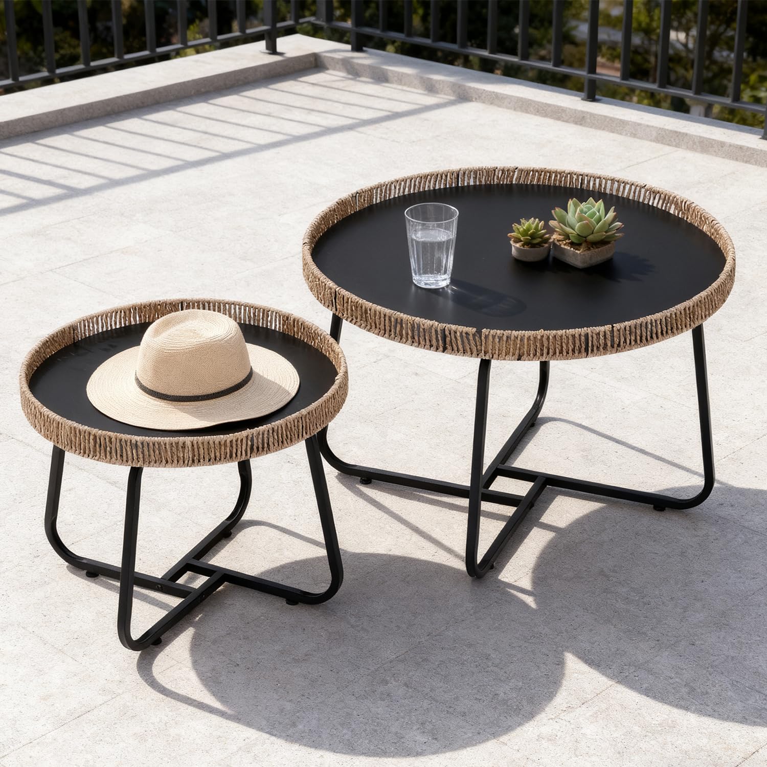 Small Round Nesting Coffee Table Set of 2 with Metal Frame