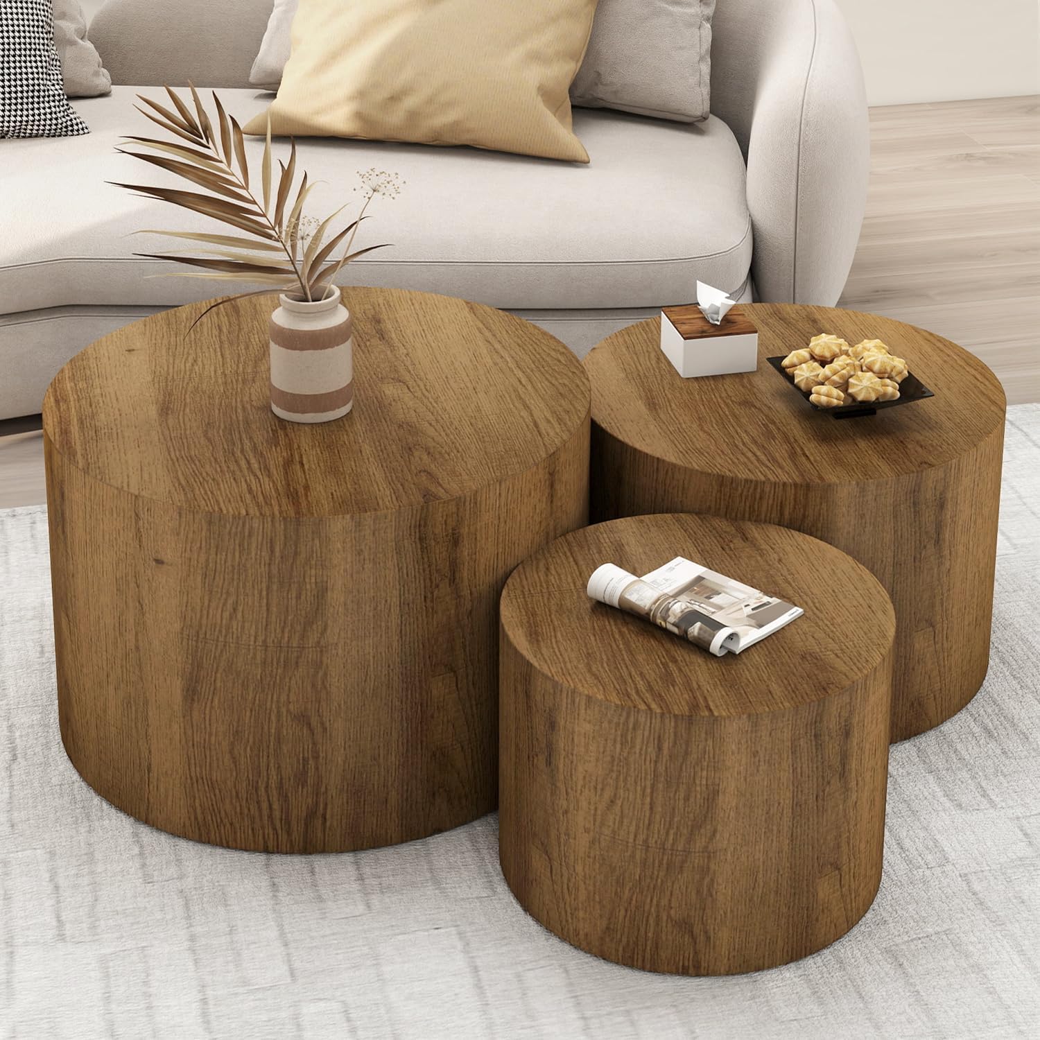 Nesting Coffee Table Set of 3 Round Wooden Tables
