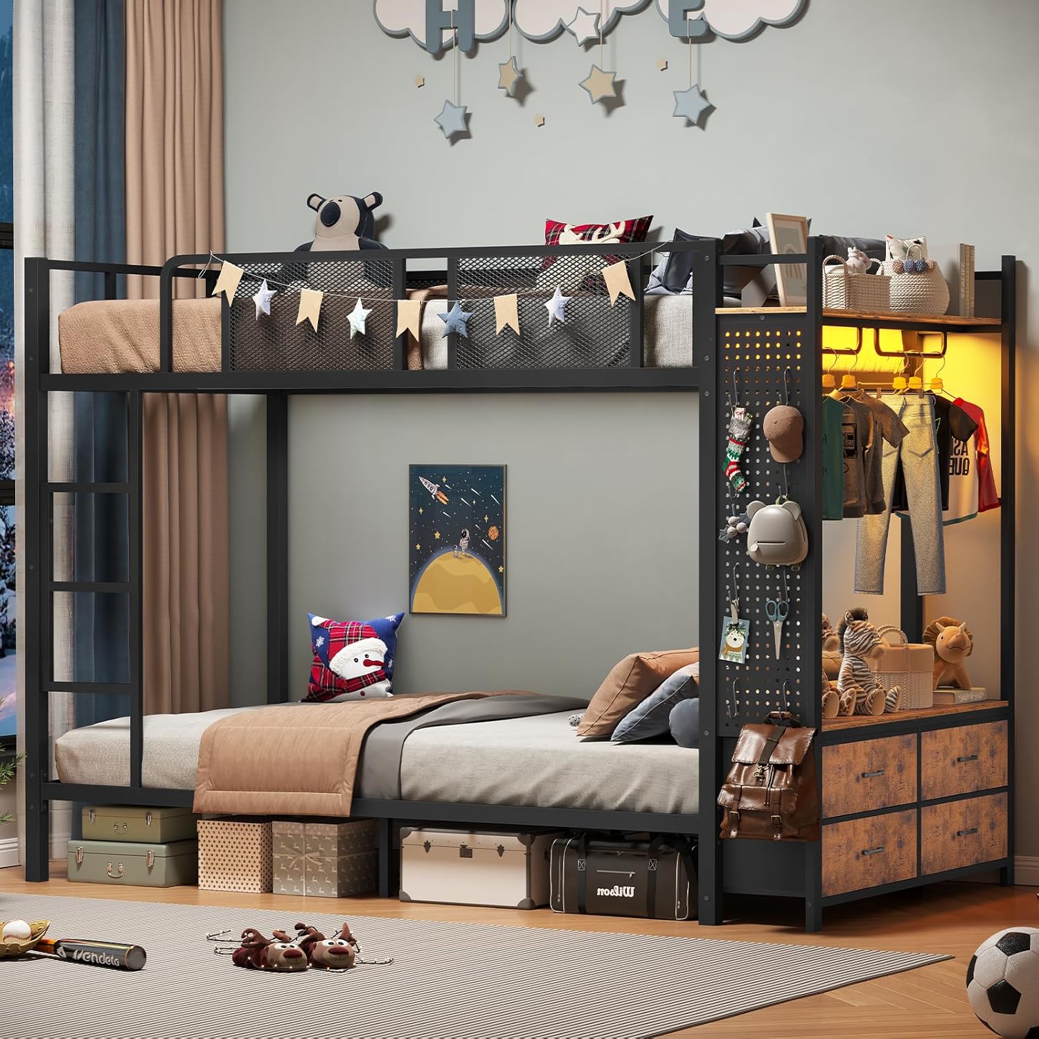 Full Metal Bunk Bed with Storage and LED Lights