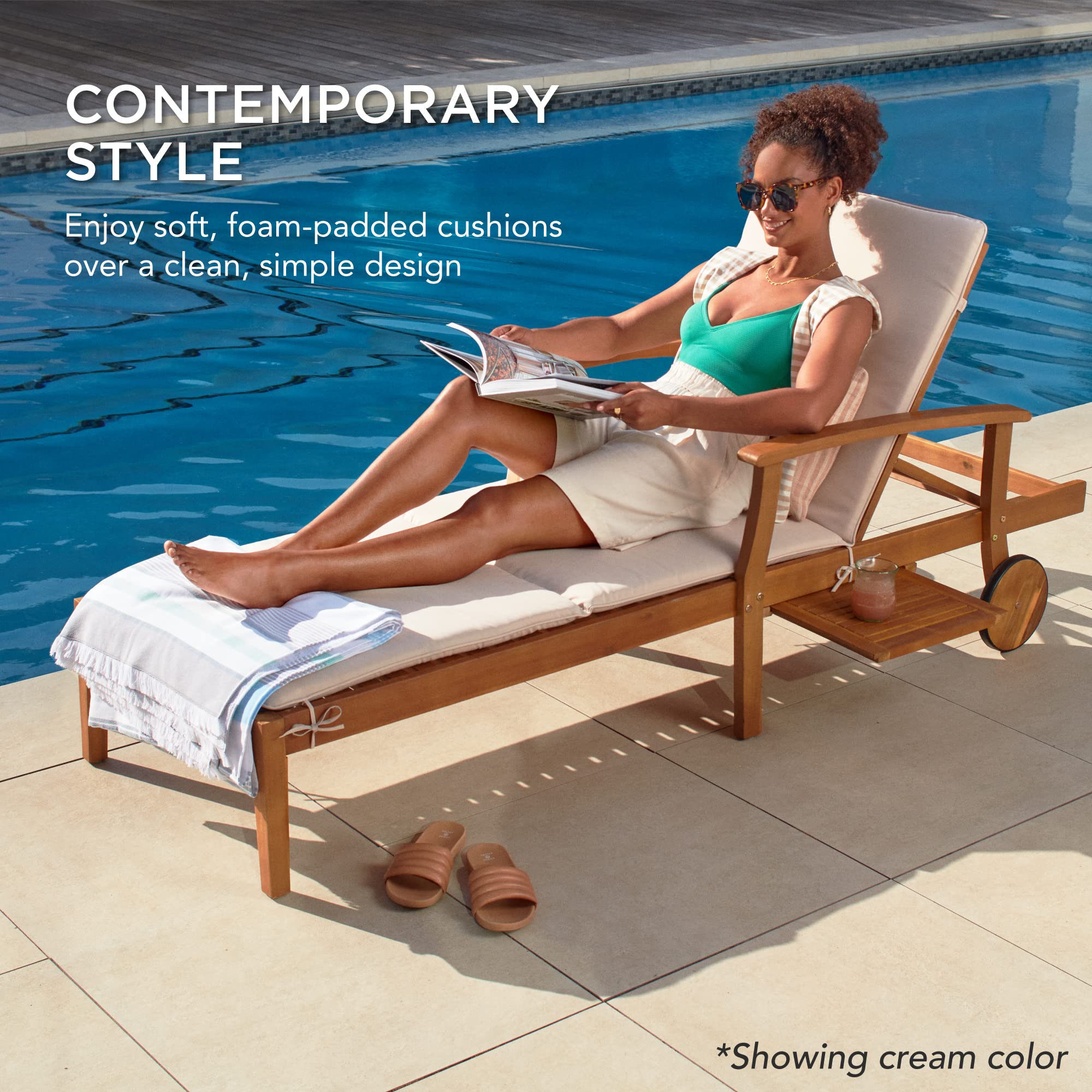 79x26in Acacia Wood Chaise Lounge Chair with Adjustable Backrest