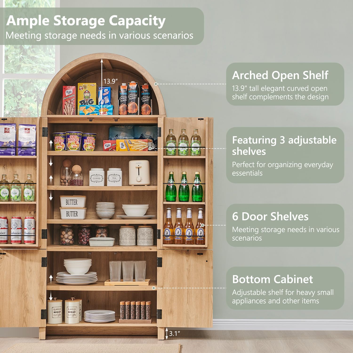 71" Tall Arched Kitchen Pantry Storage Cabinet