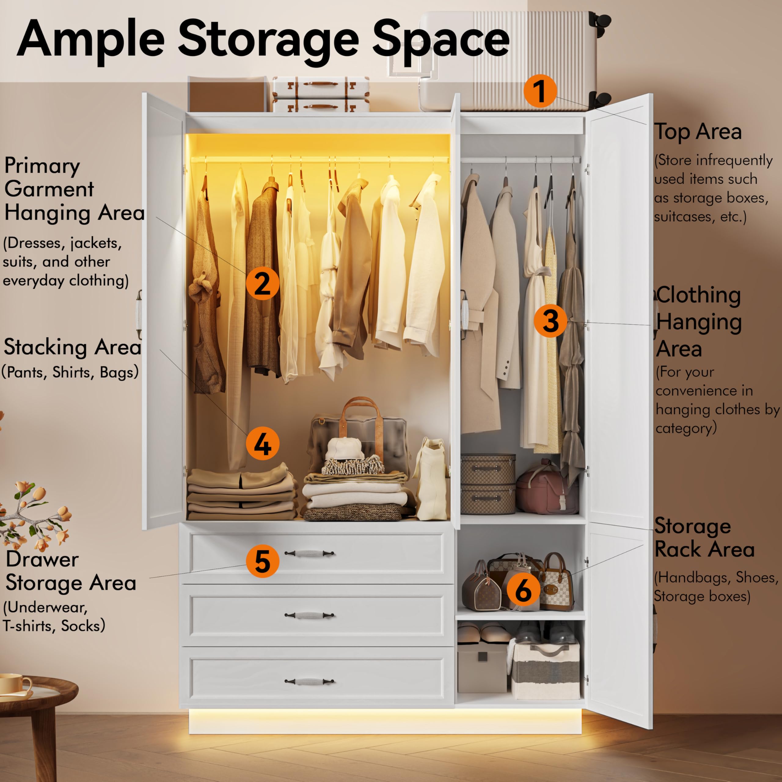 72" Armoire Wardrobe Closet with 3 Drawers and LED Light