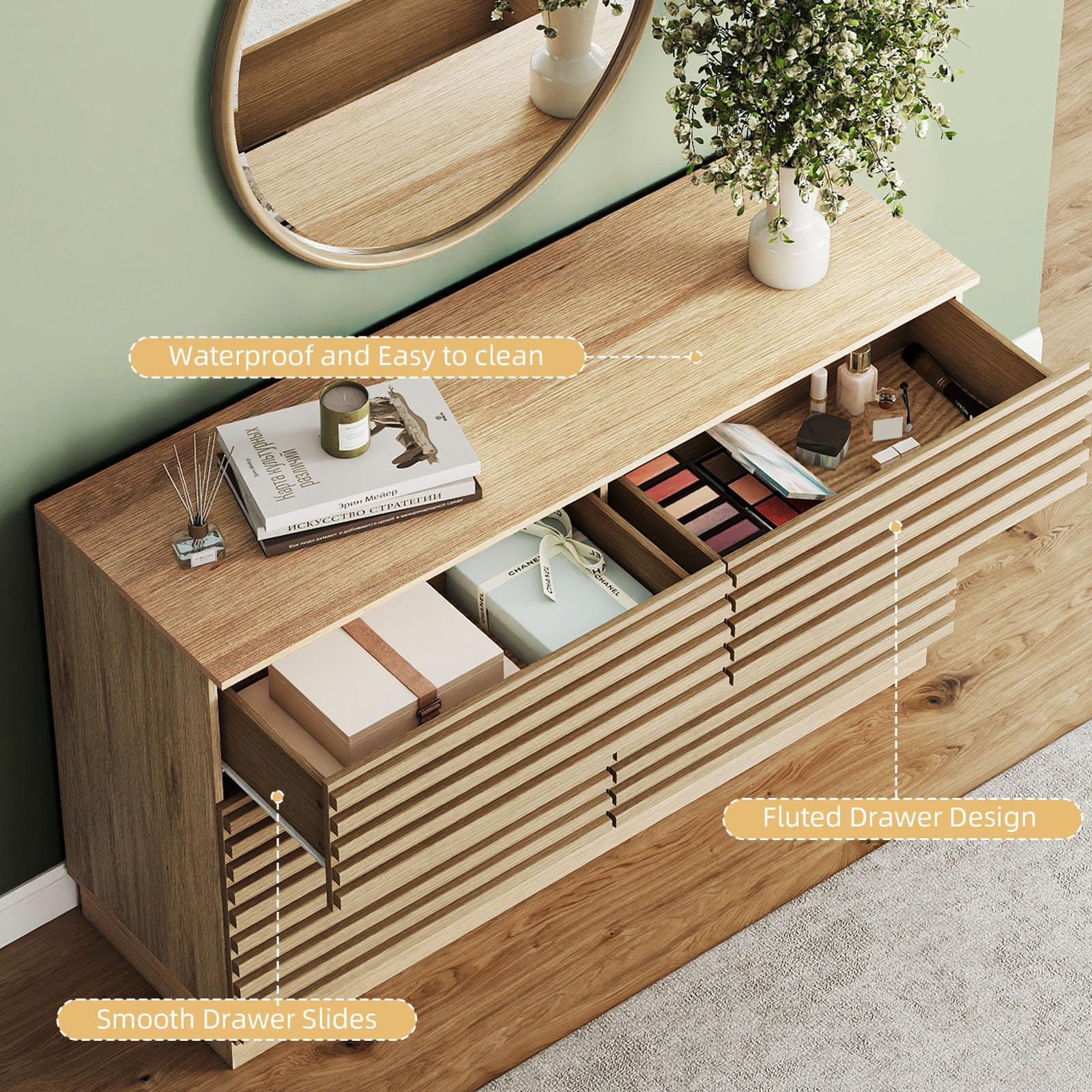 Fluted Dresser 6 Drawer Wide Chest Natural Wood TV Stand