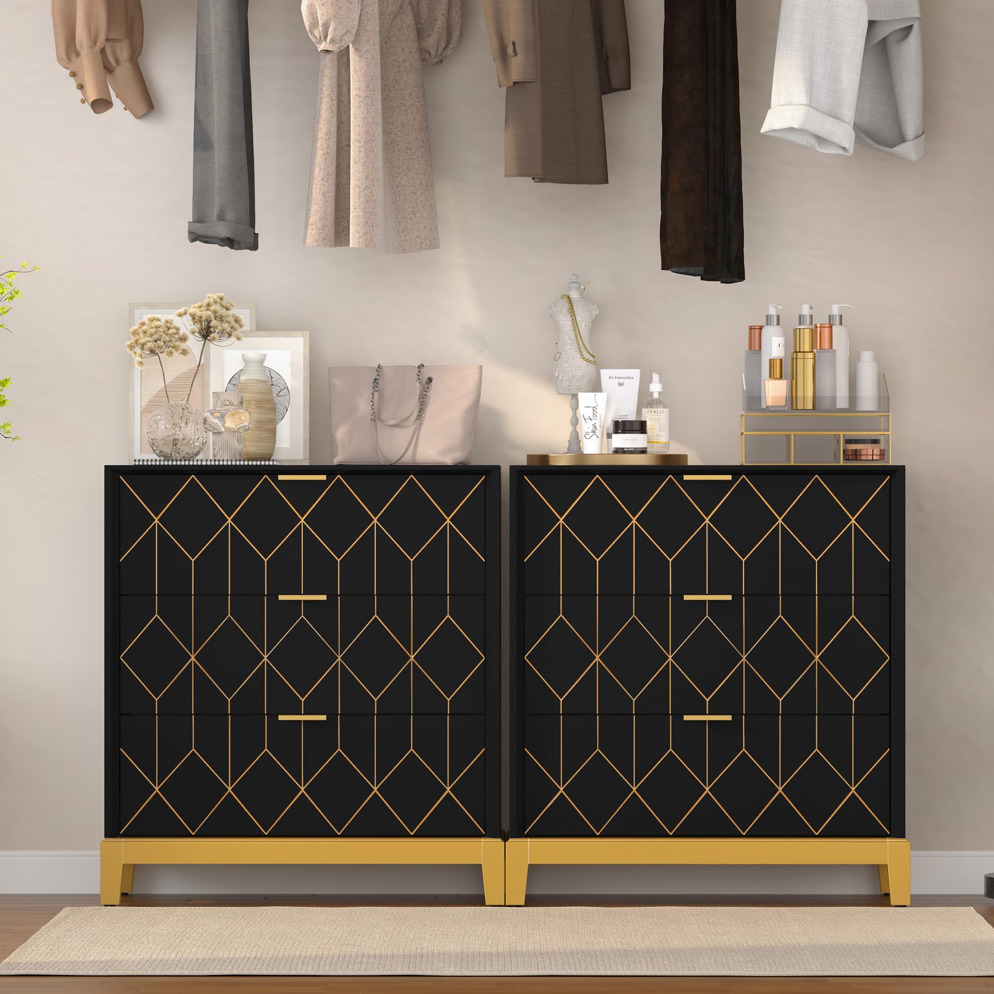 3 Drawer Dresser with Gold Trim - Modern Wood Chest Storage Cabinet