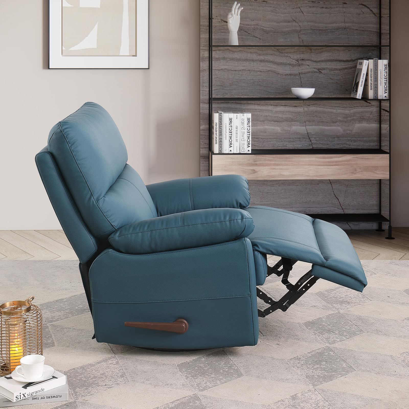 poplarbox Manual Recliner Chair with Lever Handle, 360° Swivel Elderly Rocker Recliner Chairs, Single Seat upholstered Recliner Sofa Chair for Living Room, Apartment (Blue)