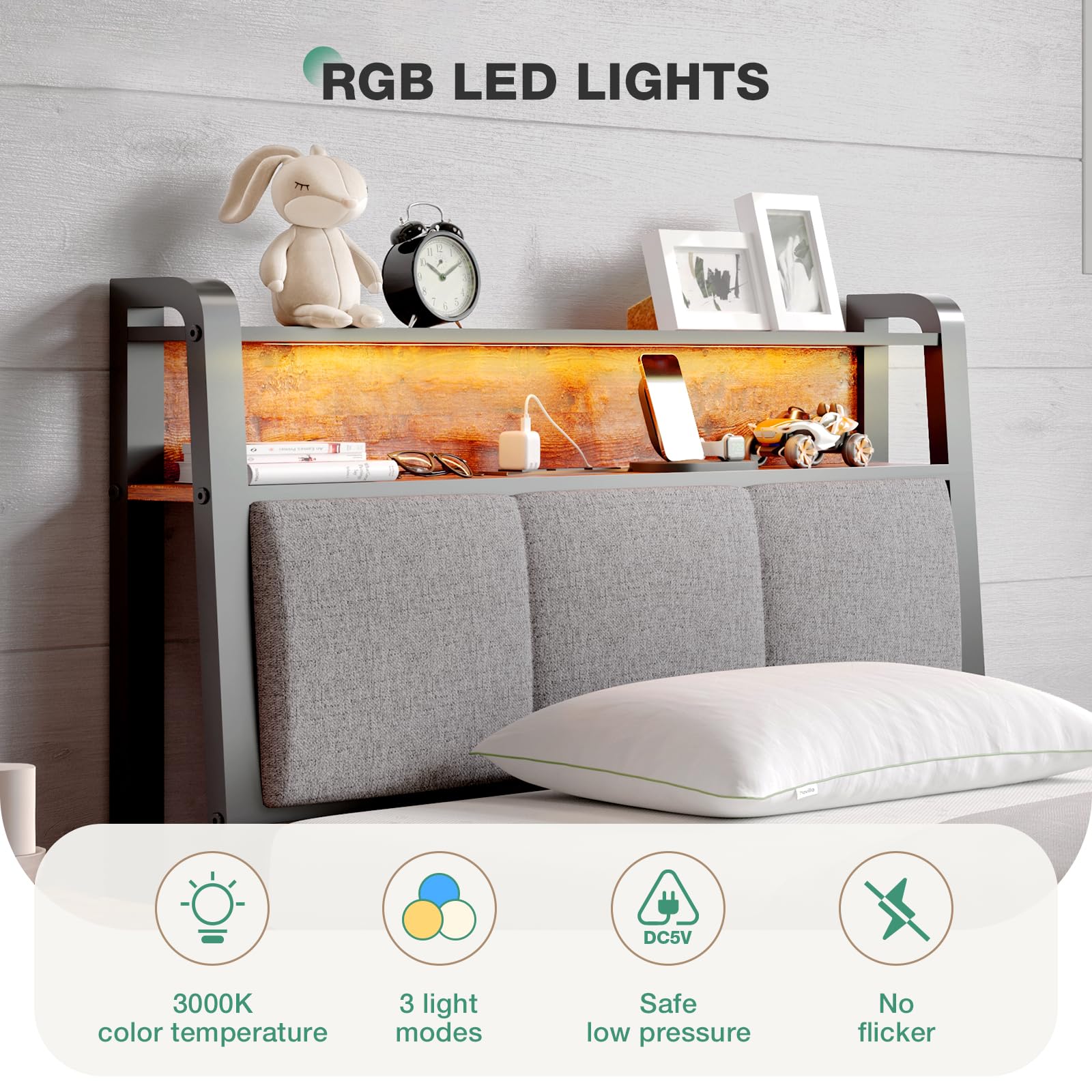 Twin Bed Frame with Charging Station and LED Lights