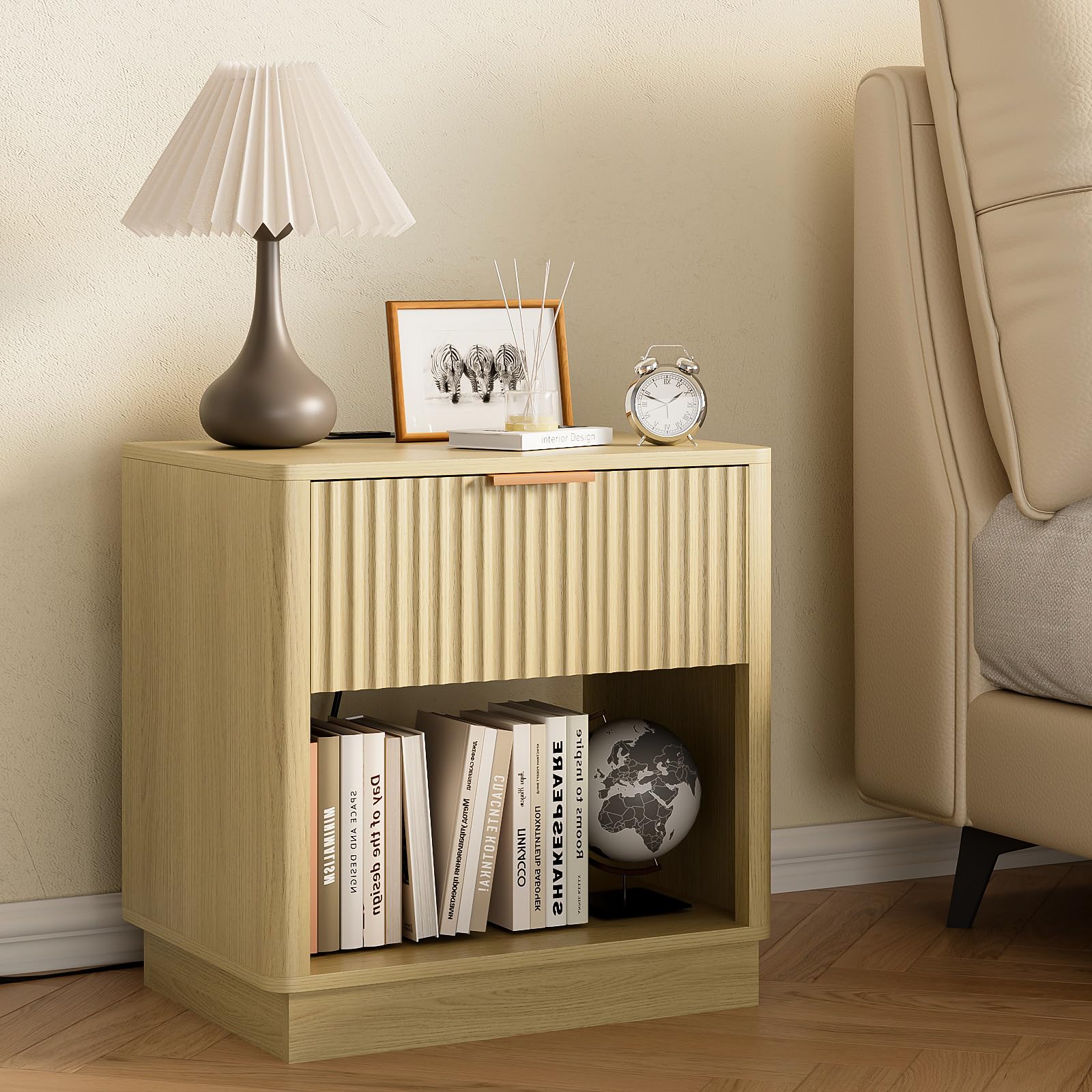 Trironsun Fluted Nightstand with Charging Station Modern Bedside Table with Drawer and Open Shelf Mid Century End Table with Storage for Bedroom Living Room Sofa Office