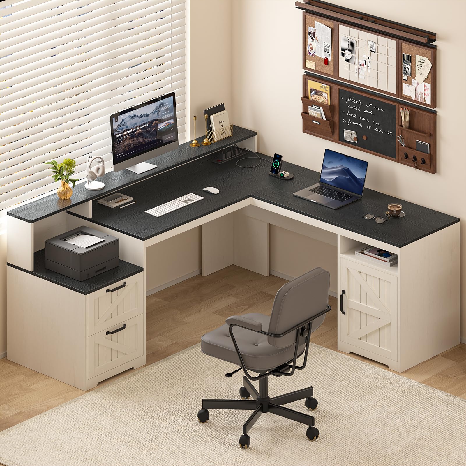 63" L-Shaped Executive Desk with Drawers and Storage Shelf