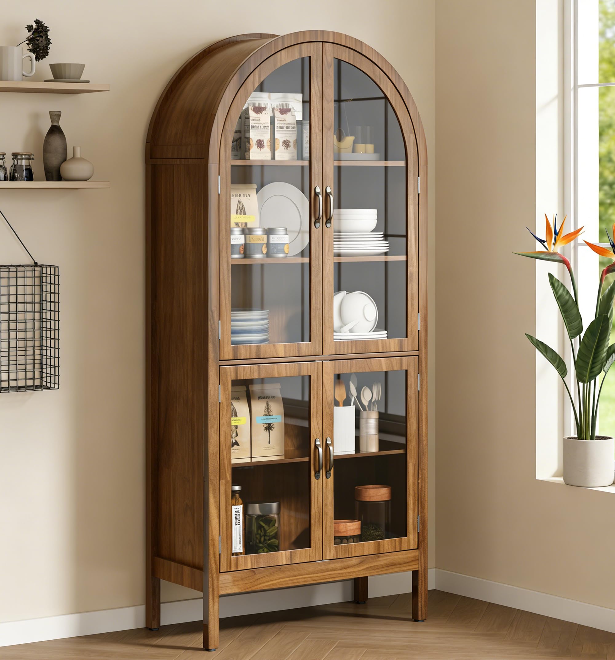 Arched Kitchen Pantry Cabinet with Glass Doors