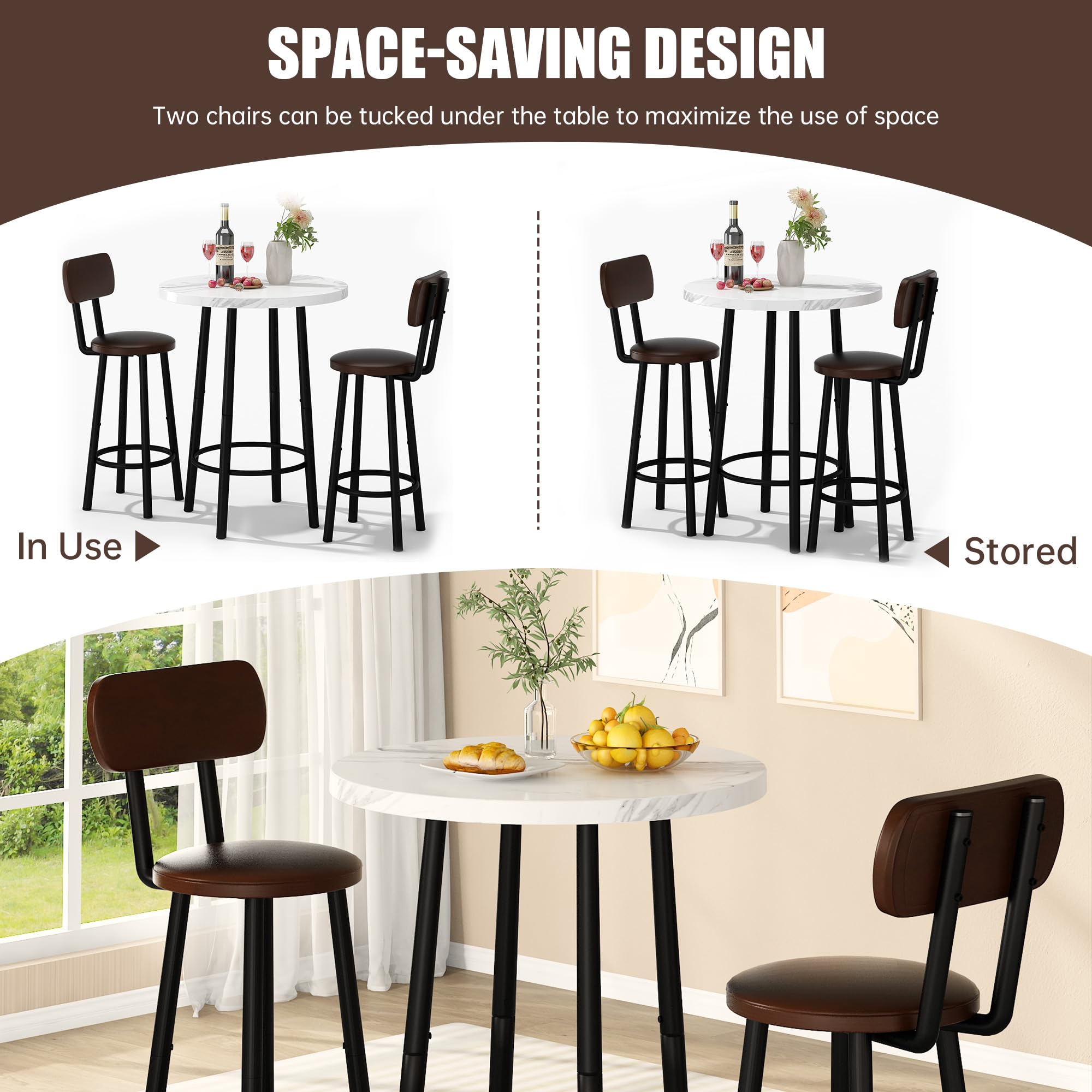3-Piece Round Pub Table Set with Upholstered Stools
