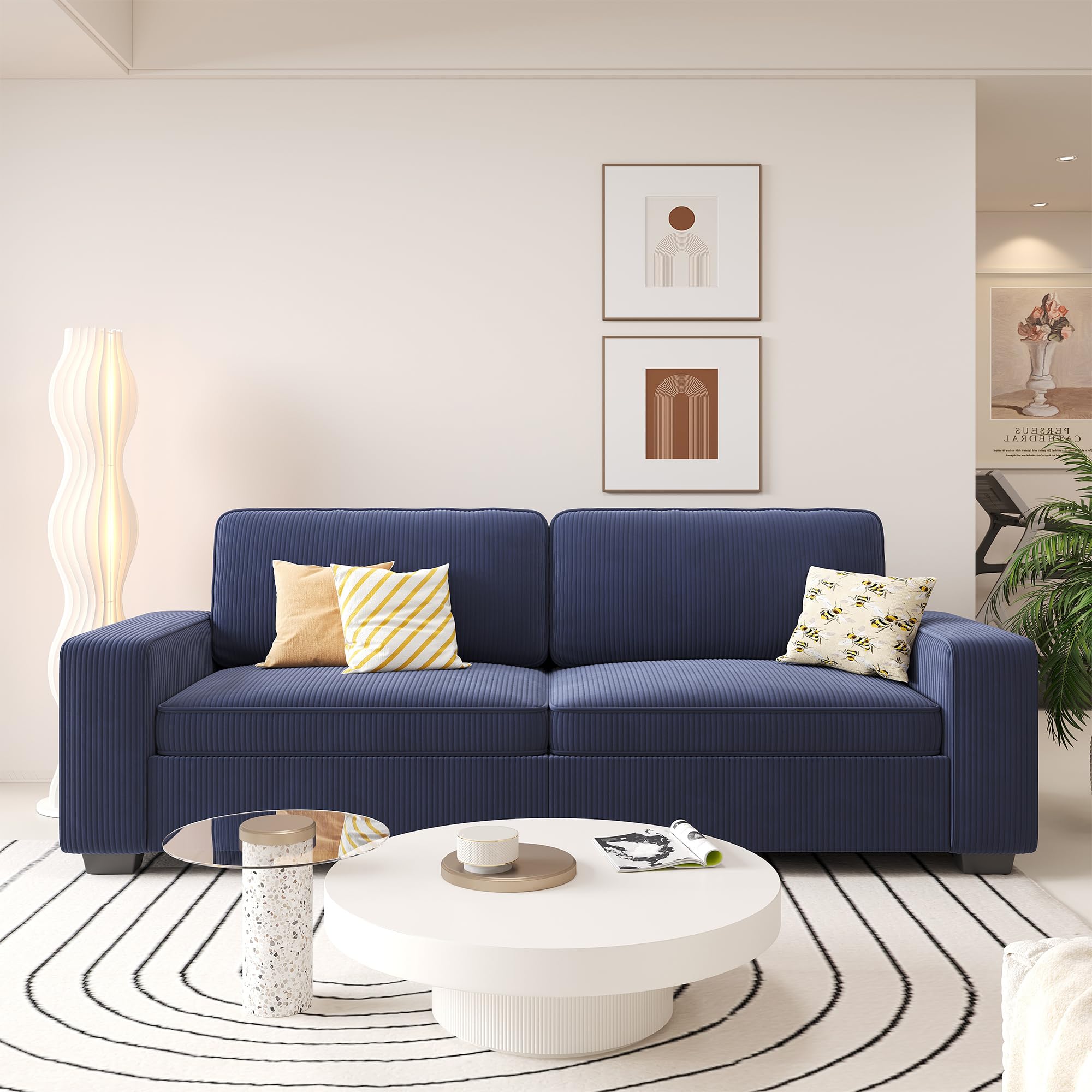 86" Blue Corduroy Sofa with Deep Seats