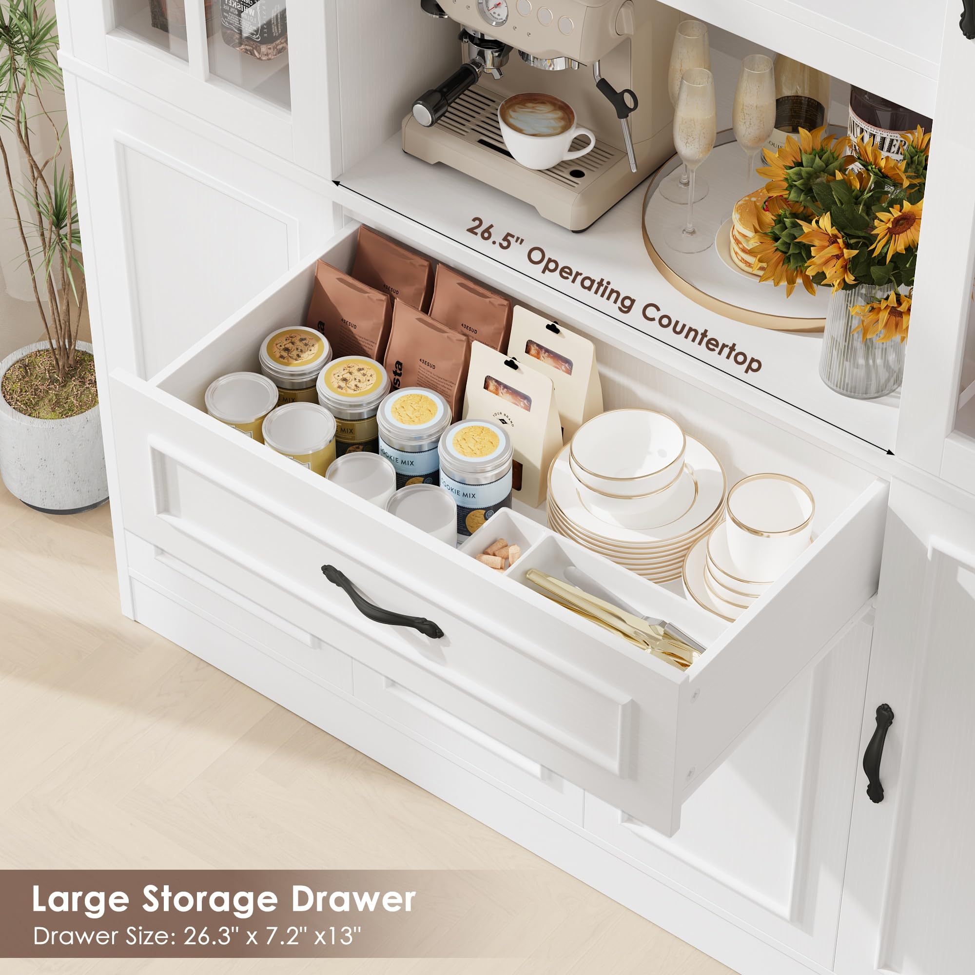 74" Kitchen Pantry Cabinet with Glass Door and Wine Rack