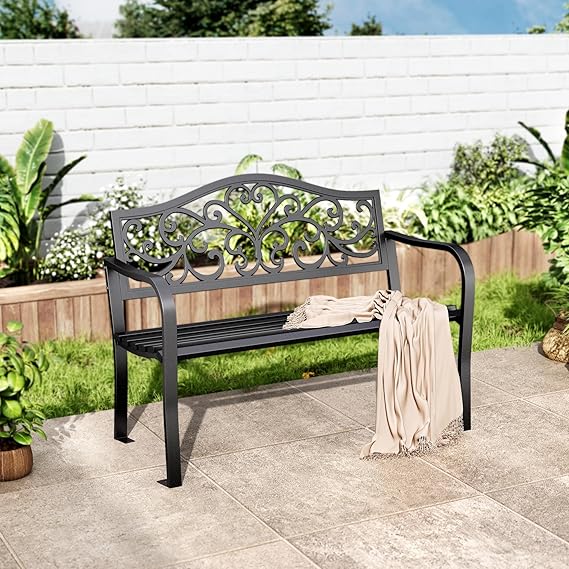 Cast Iron Outdoor Garden Bench with Floral Pattern