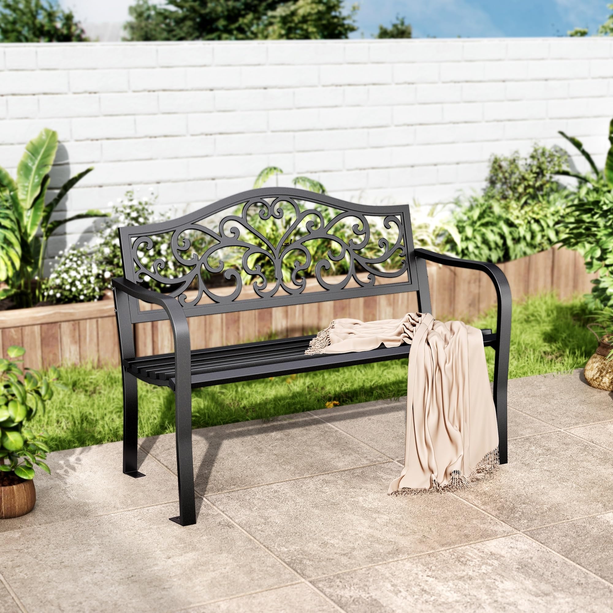 Cast Iron Outdoor Garden Bench with Floral Pattern