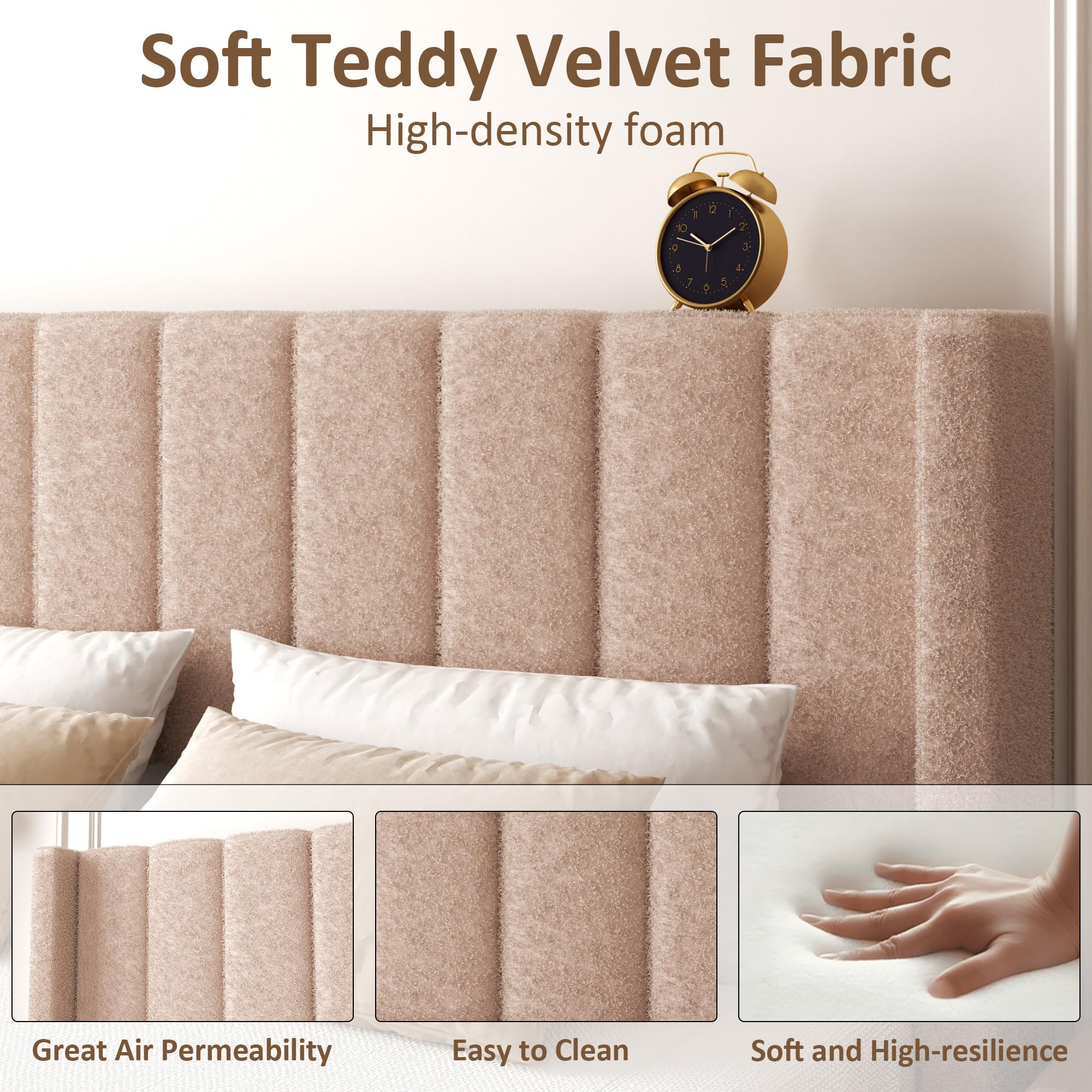 wirpexhowak Queen Bed Frame with Headboard Upholstered Platform Bed Frame with Teddy Velvet Headboard, Wooden Slats Support/Wing Edge Design/No Box Spring Needed/Easy Assembly, Brown Queen