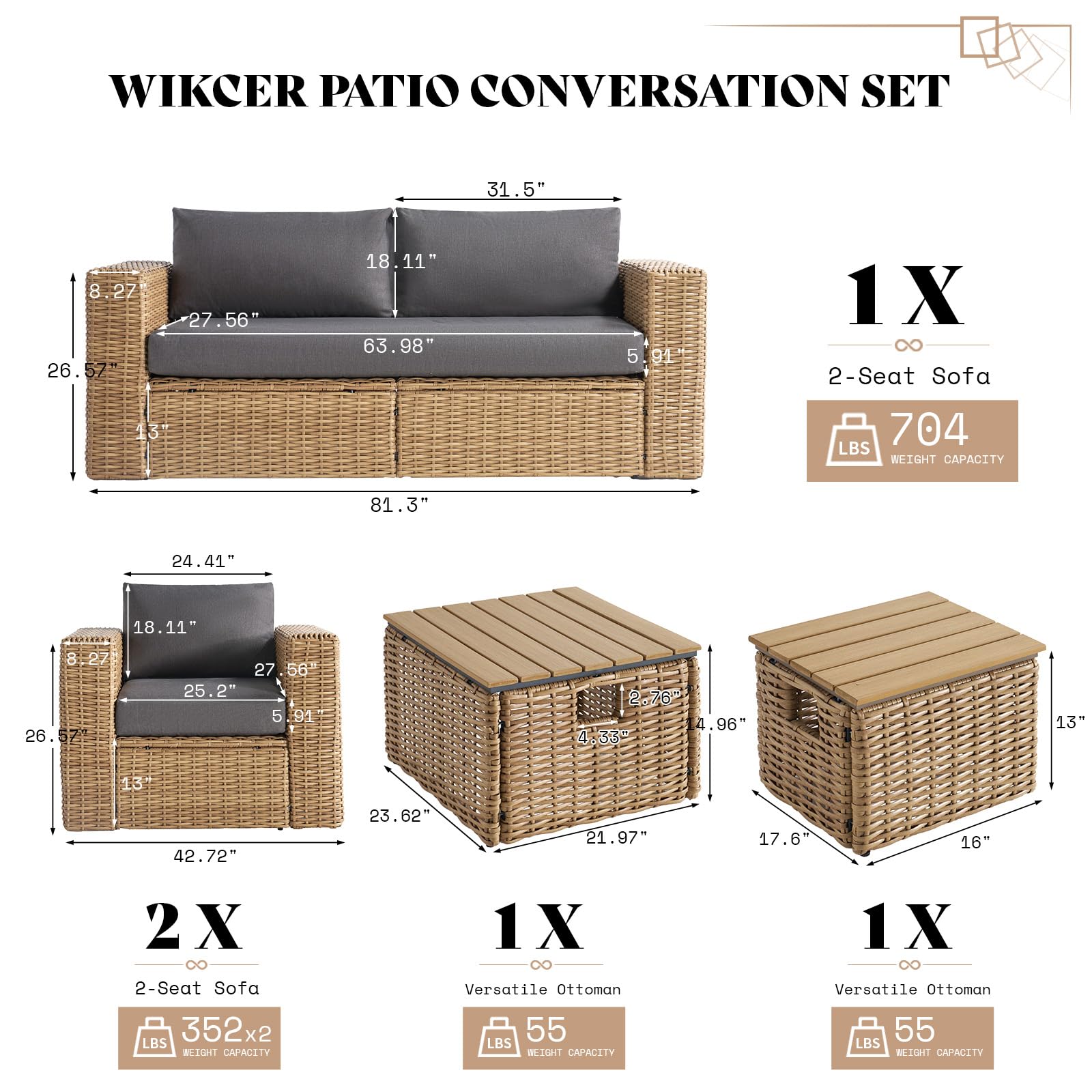 6-Piece Patio Sofa Set with Convertible Coffee Table