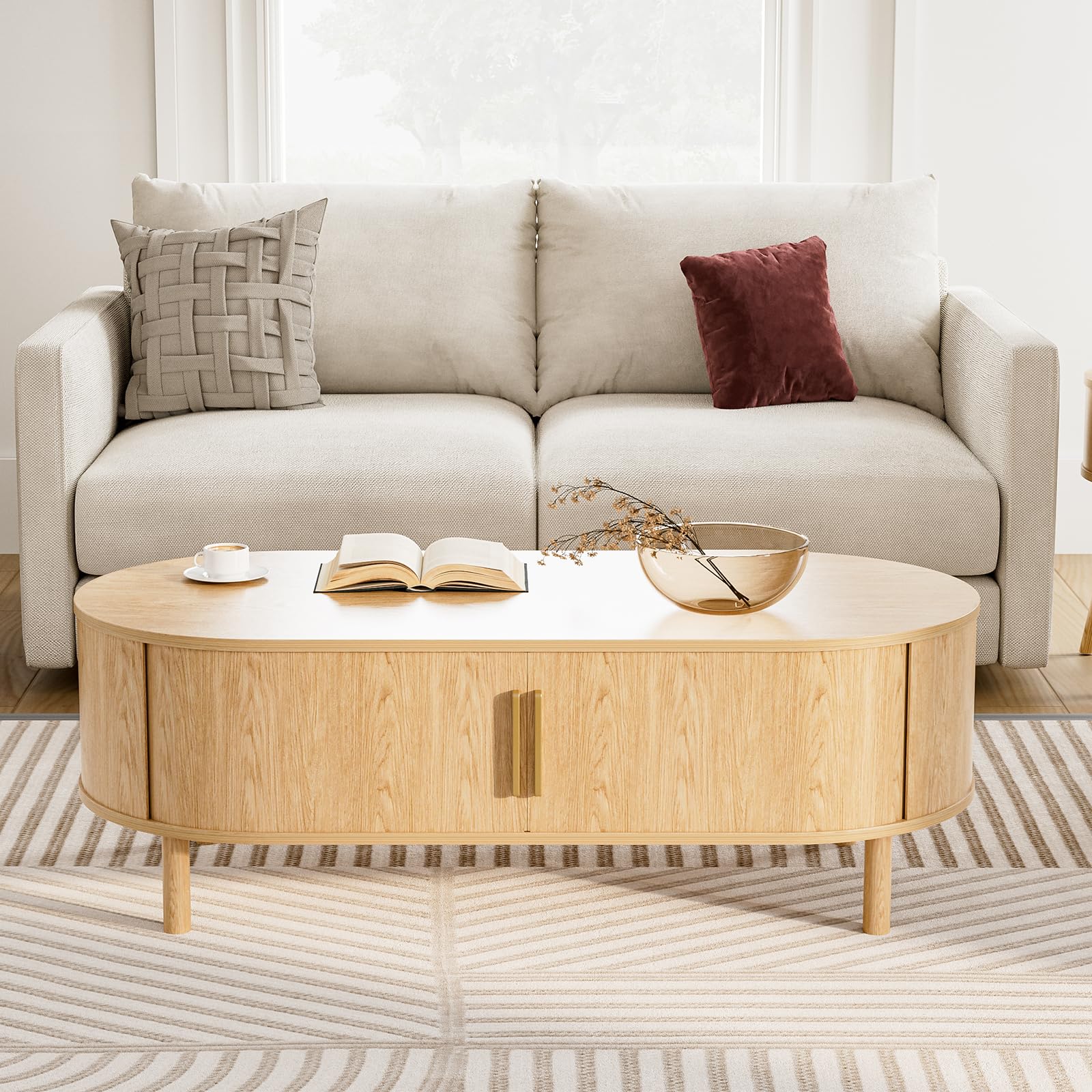 Oval Coffee Table with Sliding Door Cabinets
