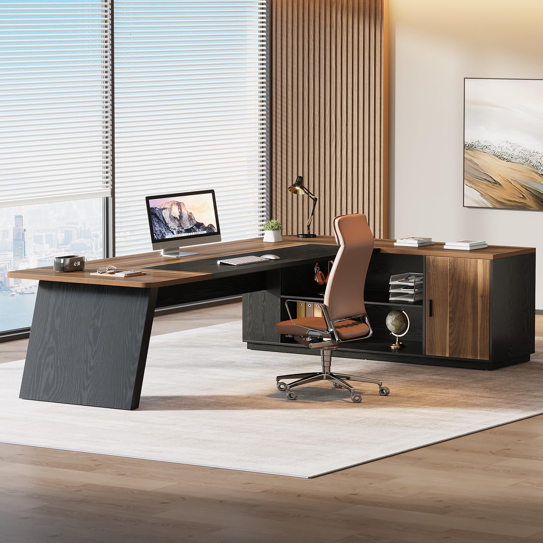 79-Inch L-Shaped Executive Desk with Storage Cabinet