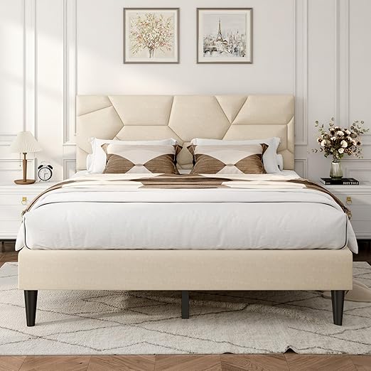 Queen Size Upholstered Platform Bed Frame with Wooden Slats