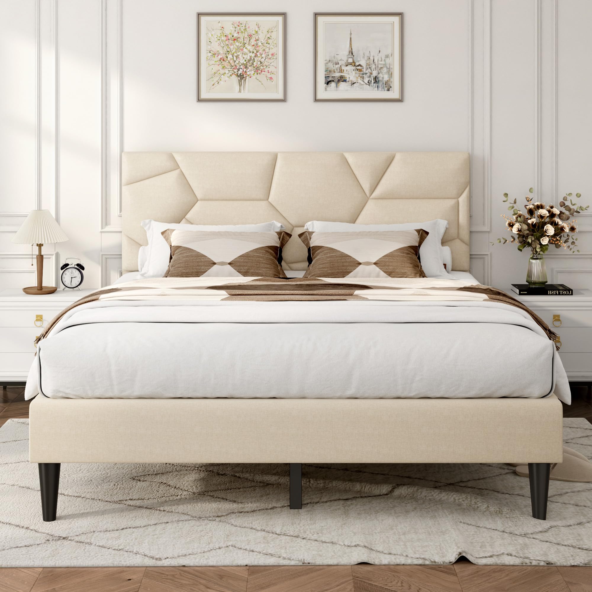 Queen Size Upholstered Platform Bed Frame with Wooden Slats