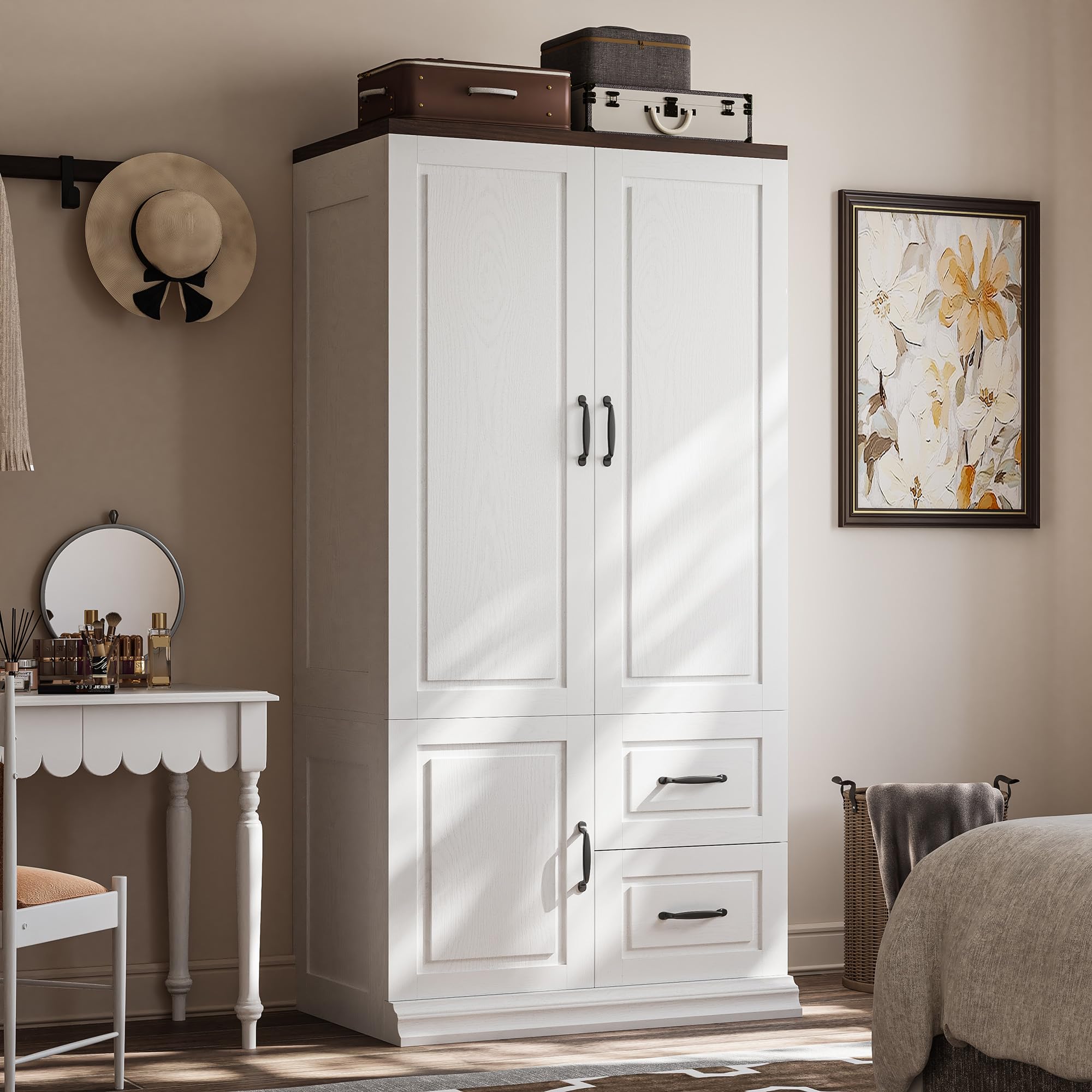 71.1" Tall Wooden Wardrobe Closet with Drawers and Hanging Rod