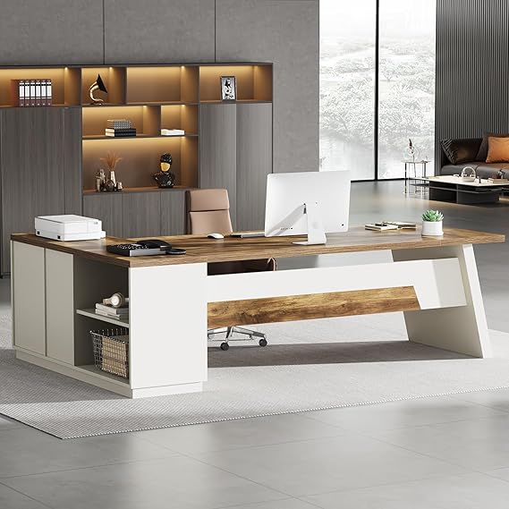 78-Inch L-Shaped Executive Desk with Drawers and File Cabinet