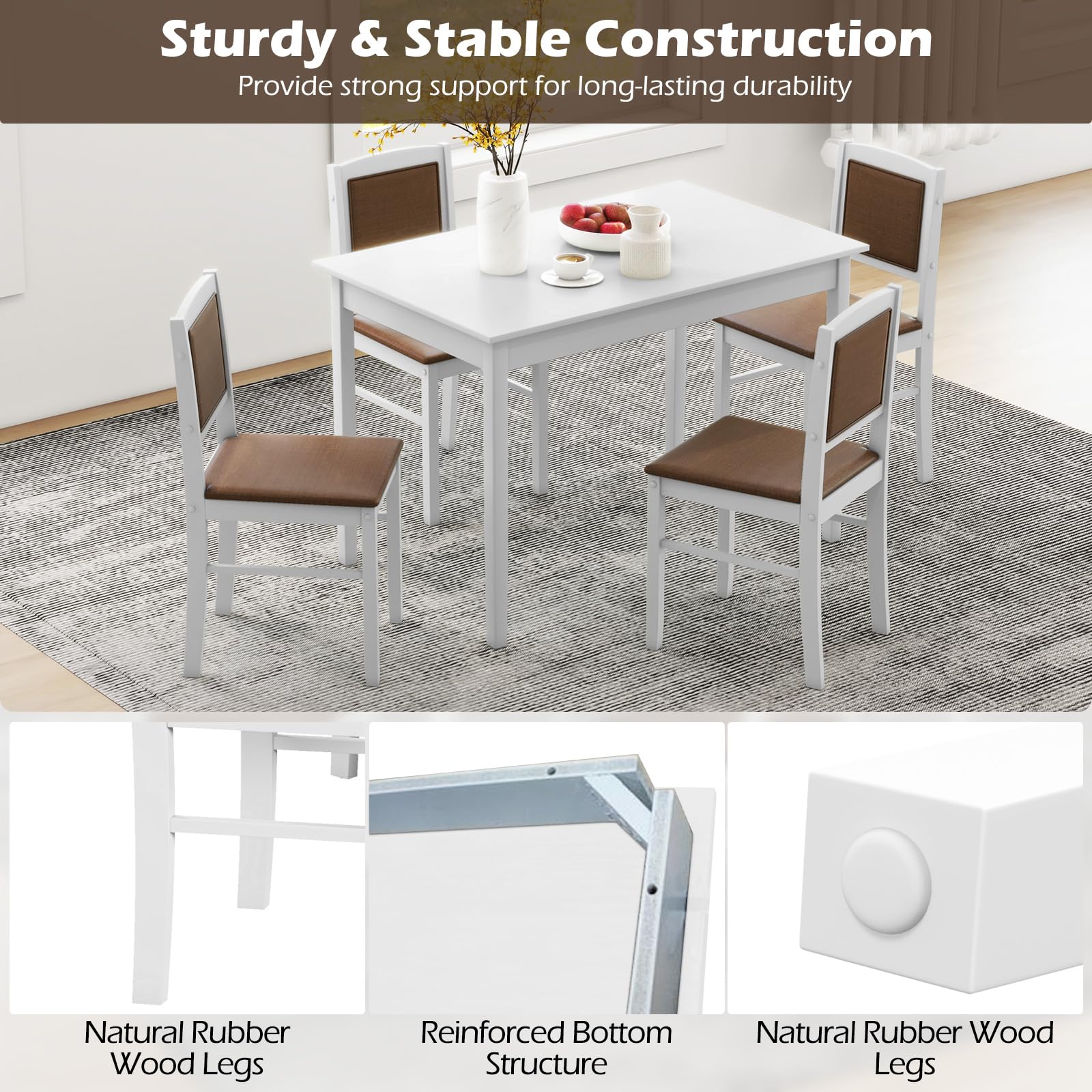 5-Piece Solid Wood Dining Set with Upholstered Chairs