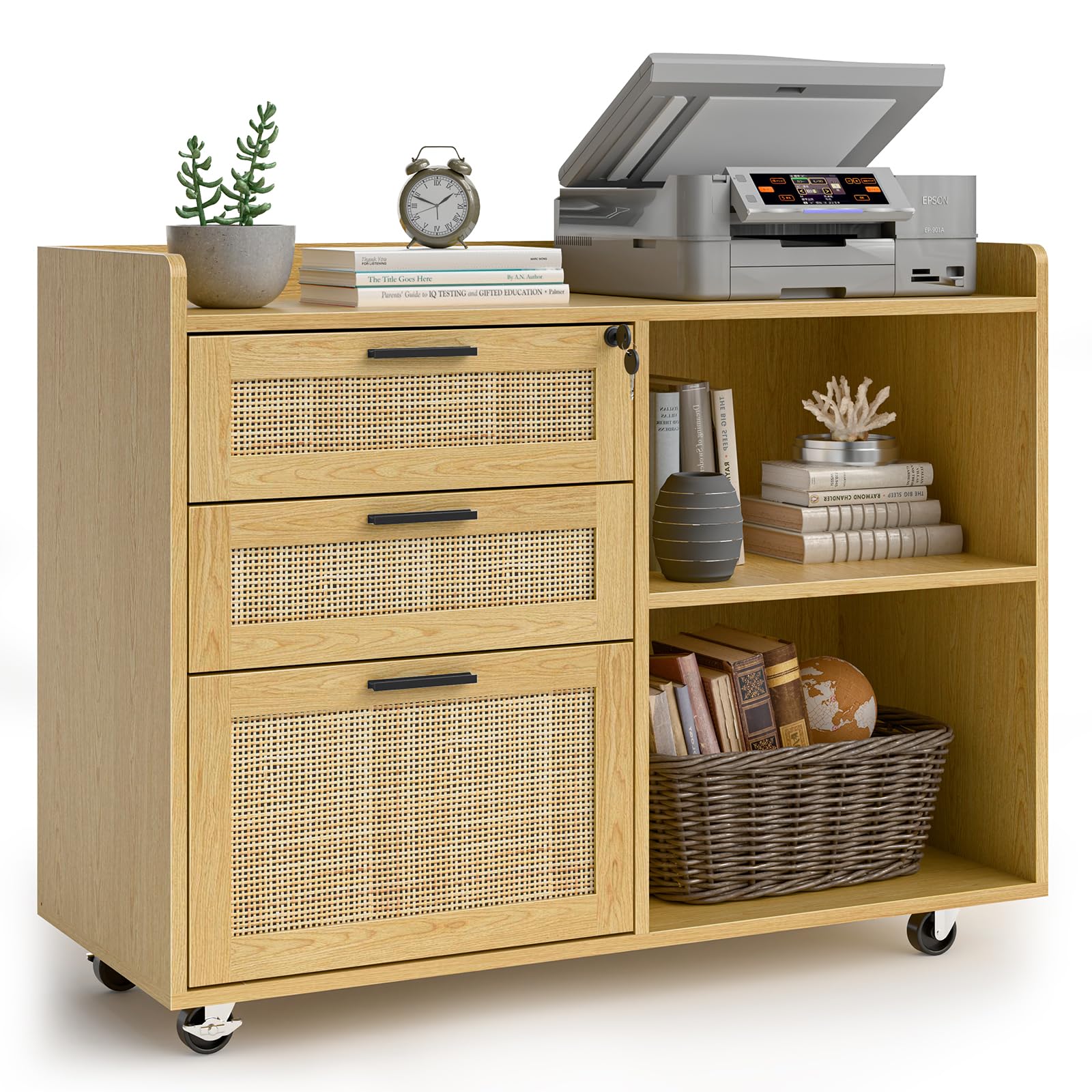 3 Drawer Rattan File Cabinet with Lock