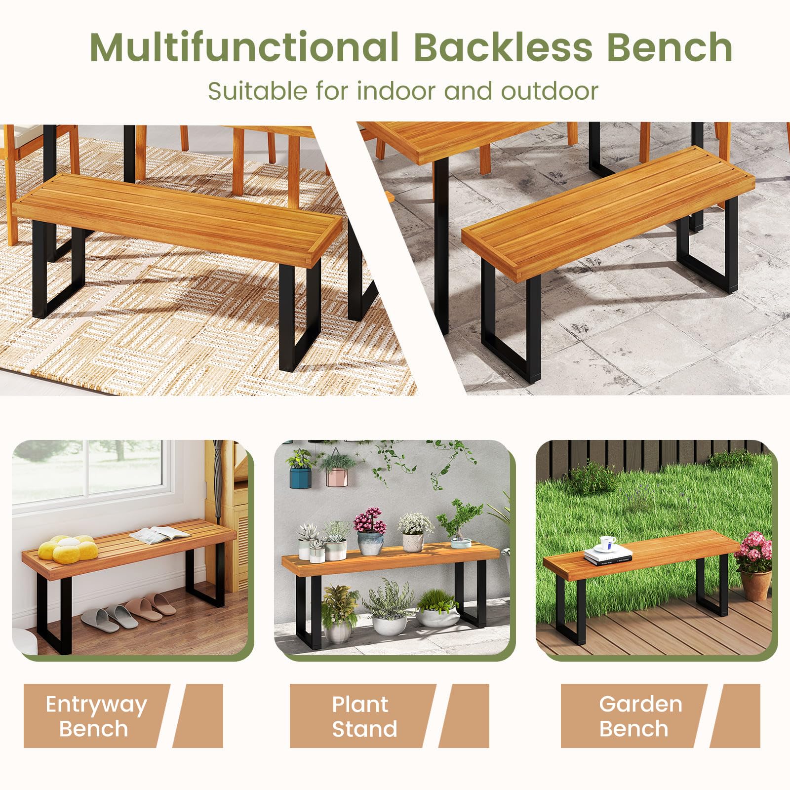 48" Acacia Wood Outdoor Bench with Slatted Seat