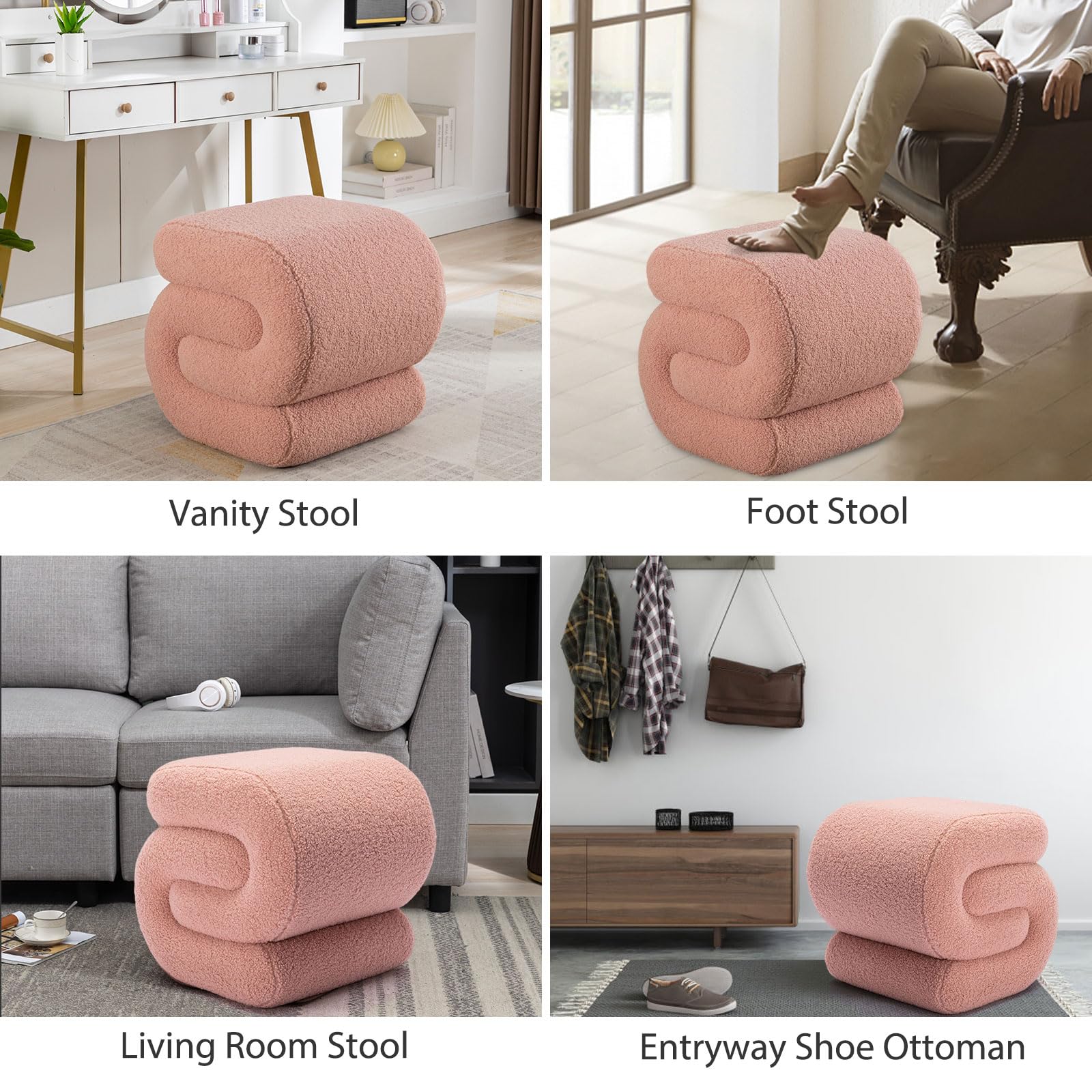 Pink Sherpa Ottoman Stool S-Shaped Vanity Seat