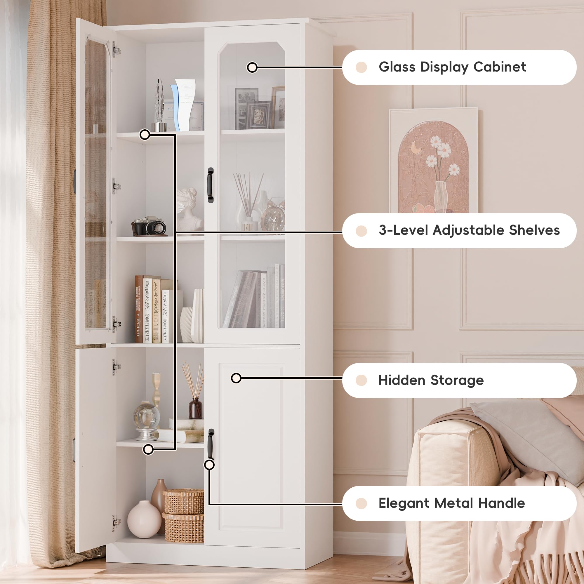 Tall Kitchen Pantry Cabinet with Glass Doors