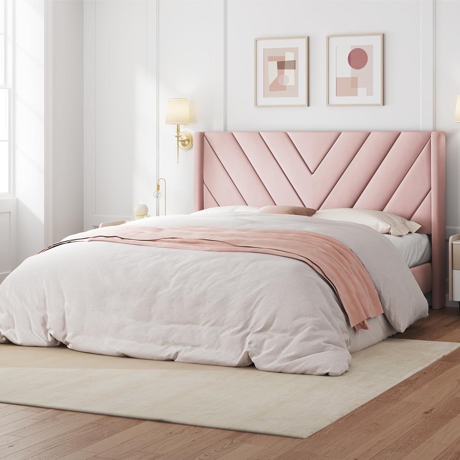 Queen Upholstered Platform Bed Frame with Tufted Wingback Headboard