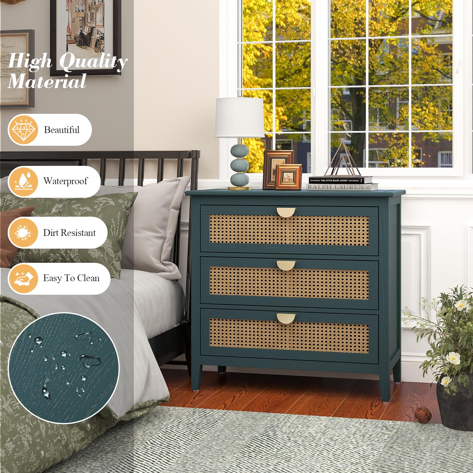 Rattan 3 Drawer Dresser - Modern Wood Chest with Storage