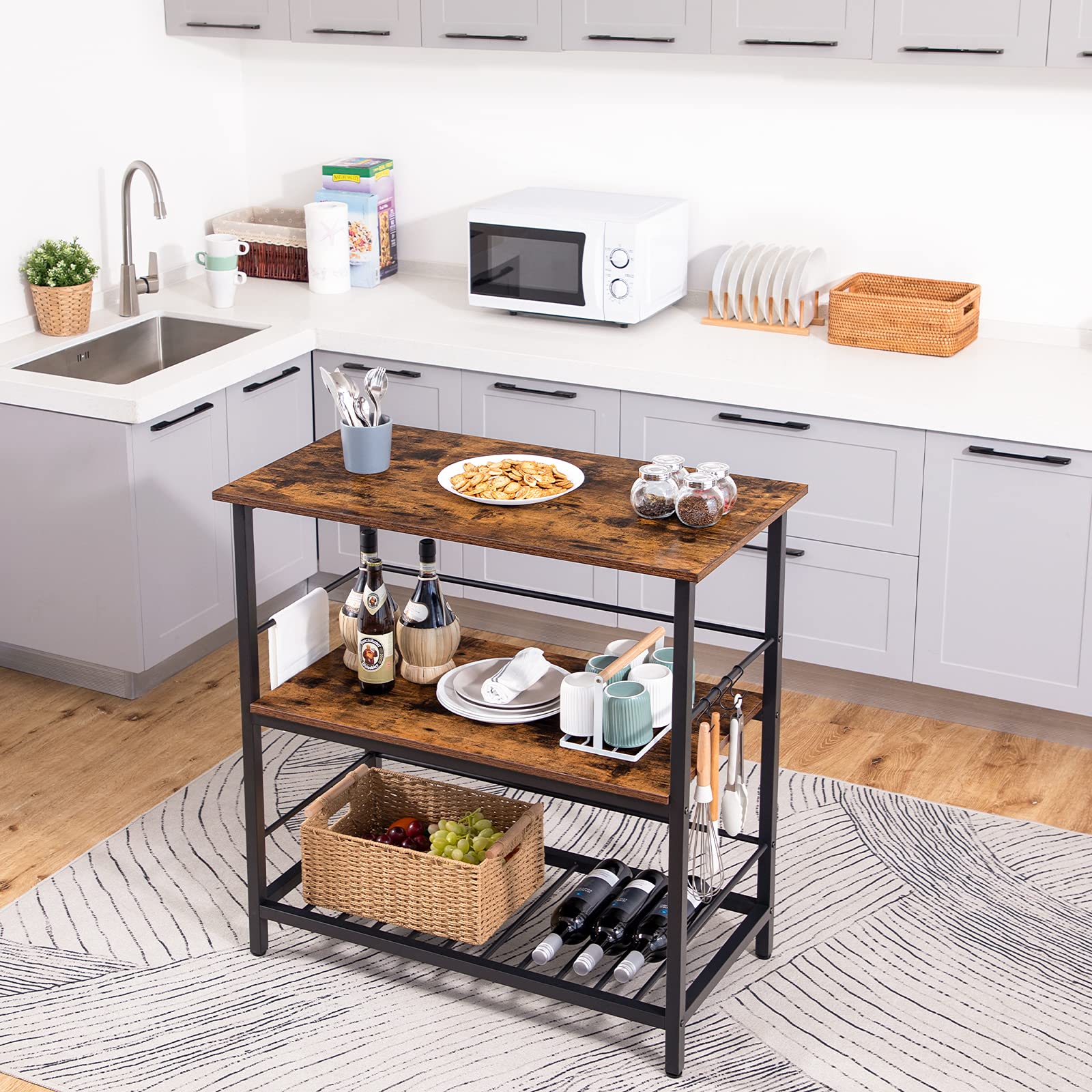 Kitchen Island with Wine Rack and Hooks