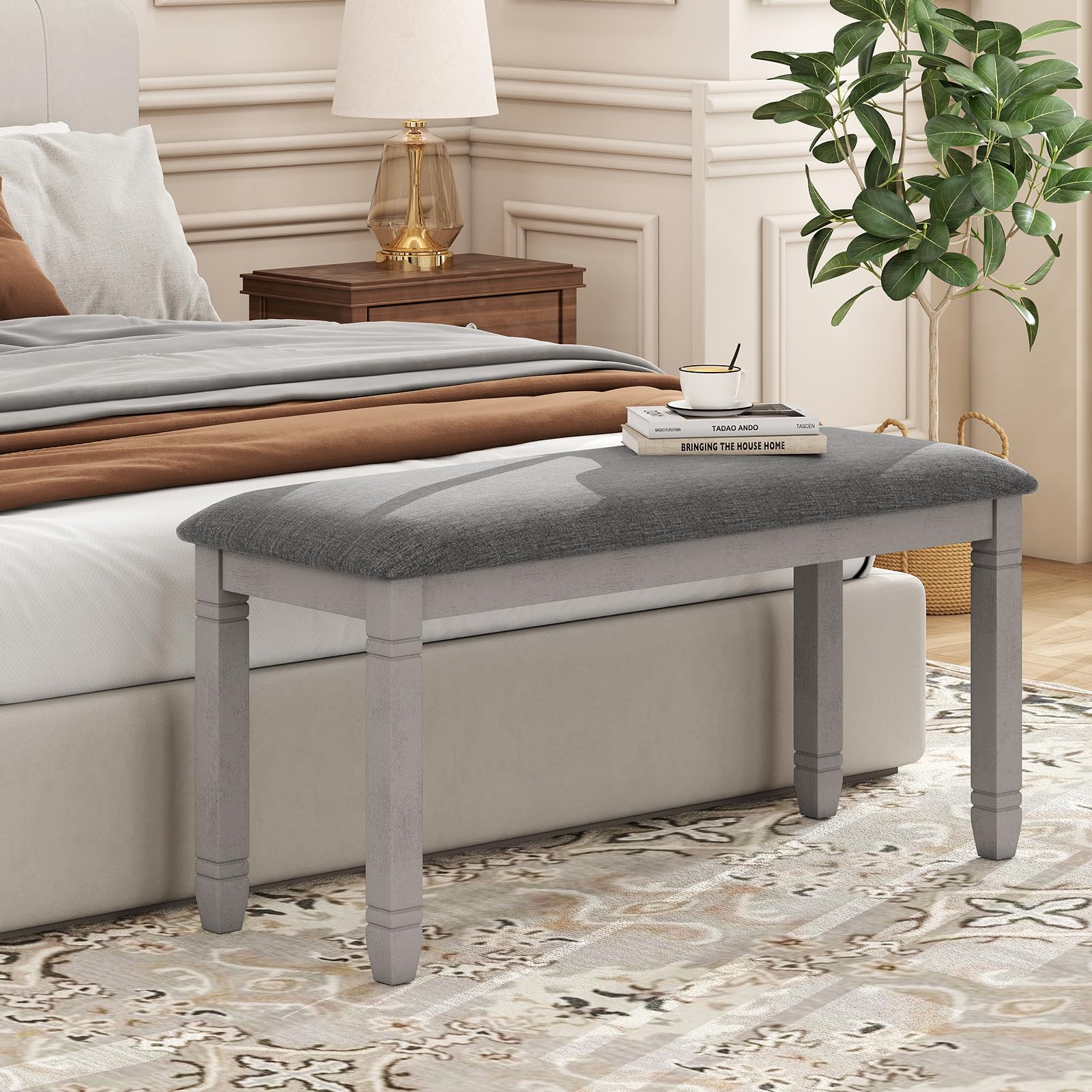 Upholstered Dining Bench with Padded Seat and Solid Wood Legs