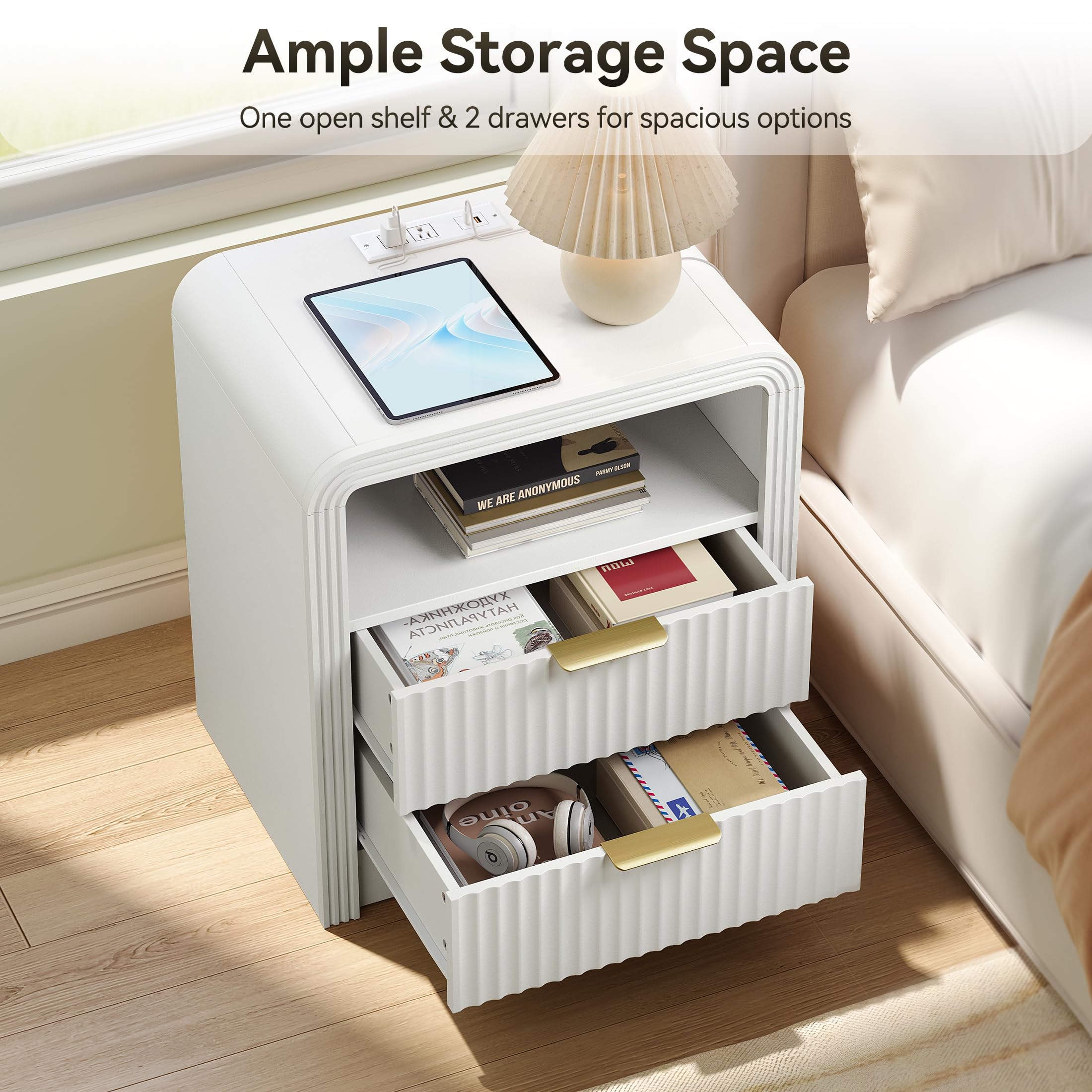 Fluted Nightstand with Charging Station