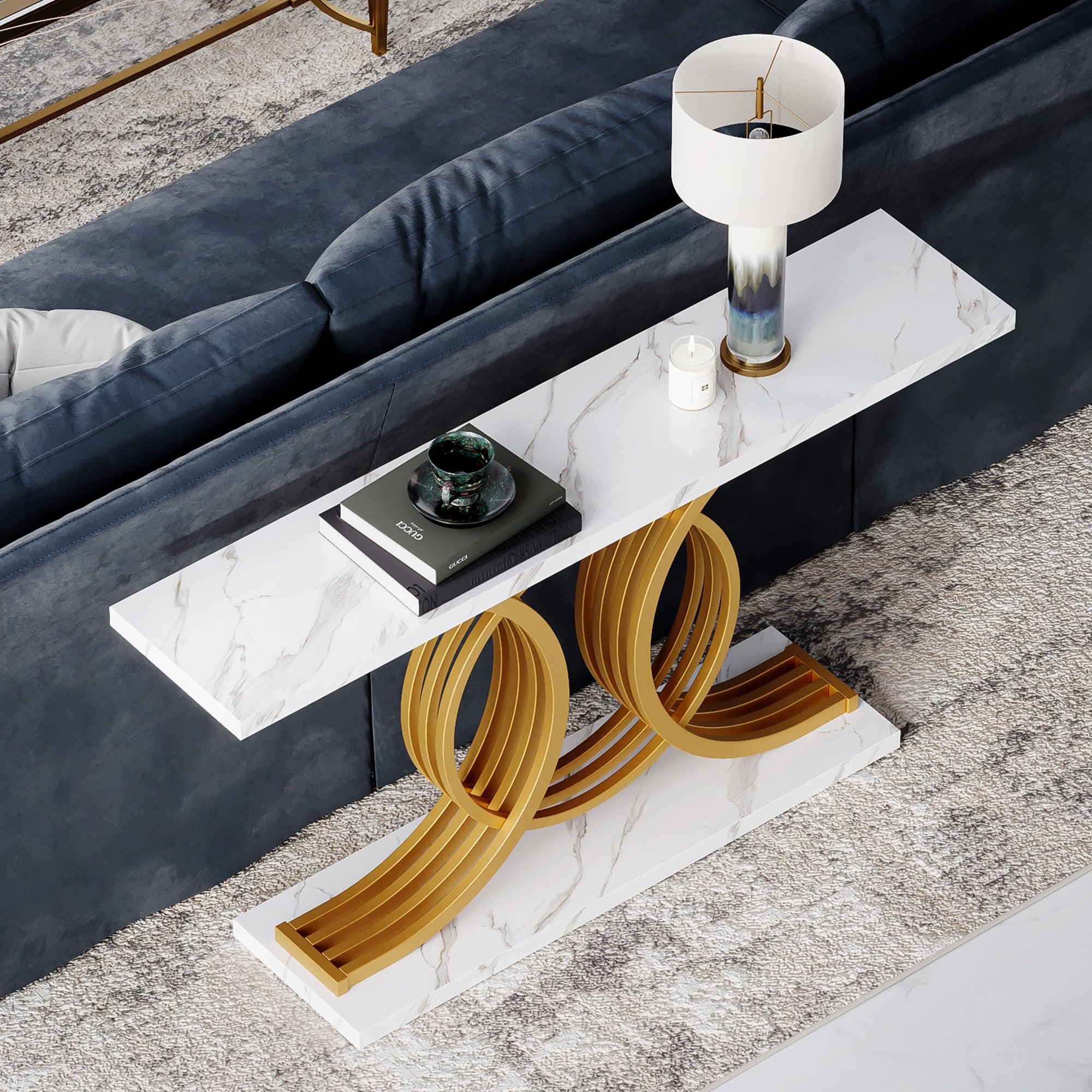 55 Inch Gold Entryway Console Table with Faux Marble Top