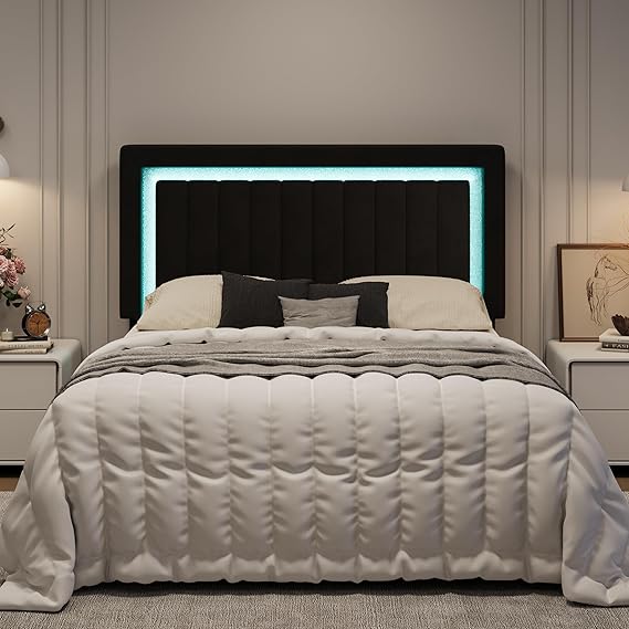 Full Size Pink Velvet LED Bed Frame with Adjustable Headboard