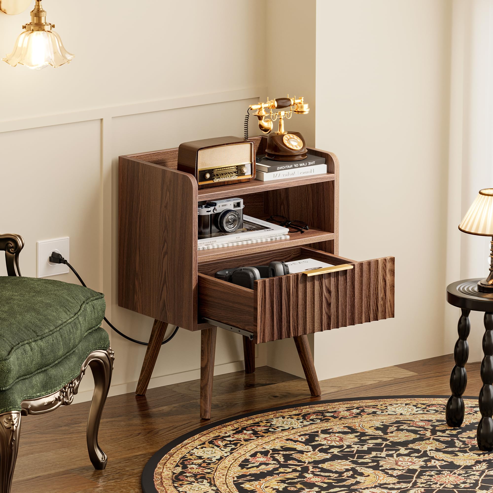 Fluted Nightstand with Charging Station and Drawer