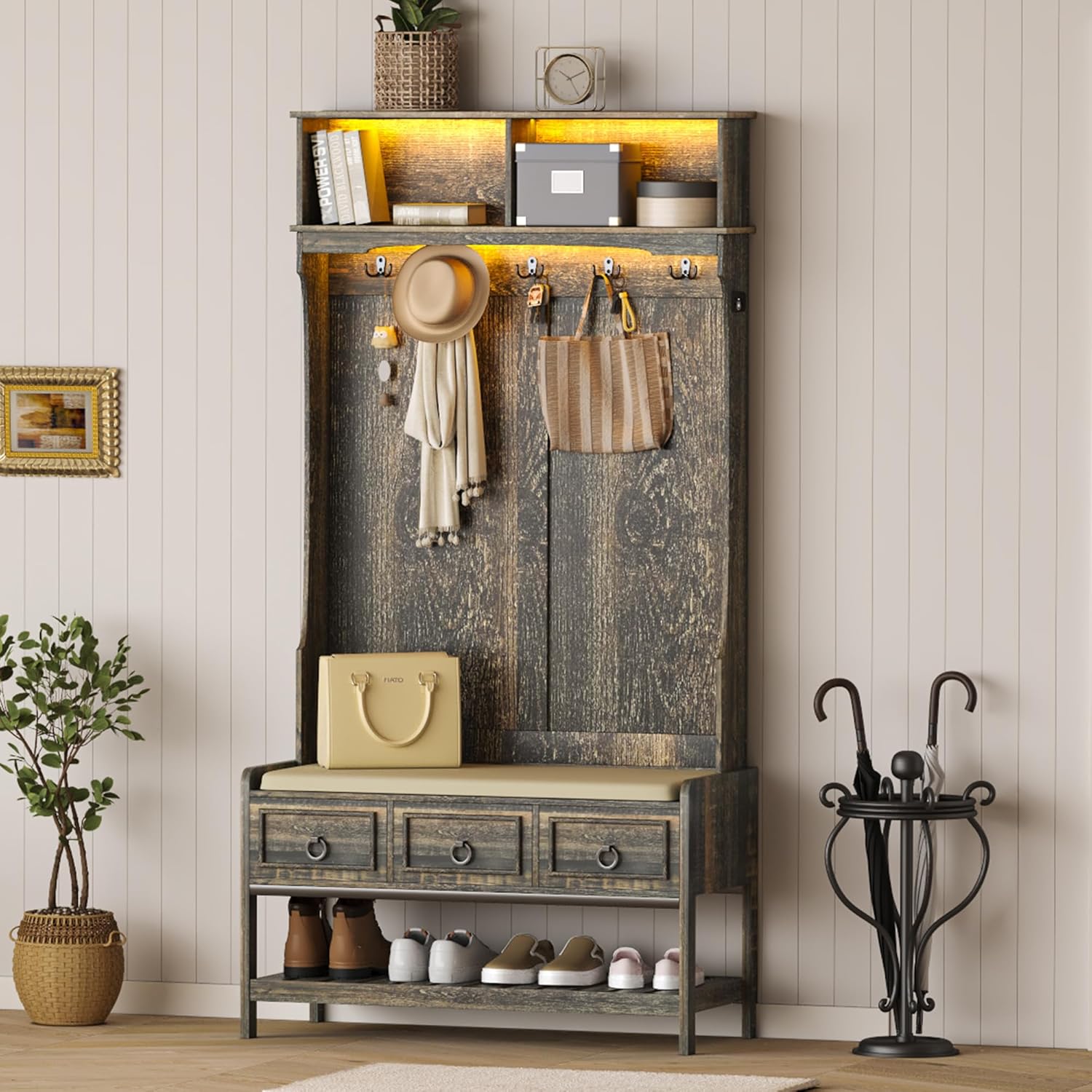 67" Farmhouse Hall Tree with LED Lighting and Shoe Storage