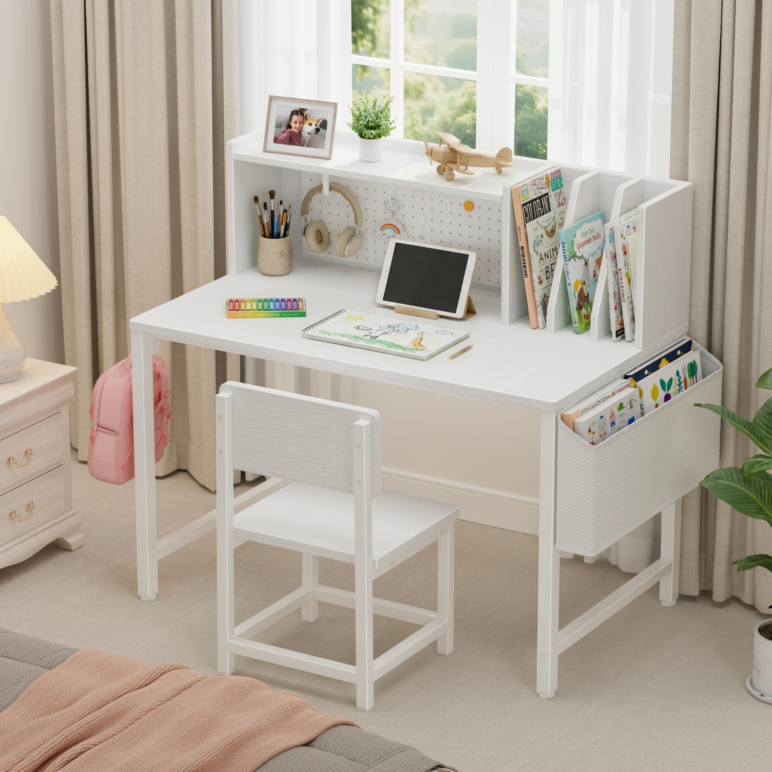 Kids Desk and Chair Set with Hutch and Pegboard